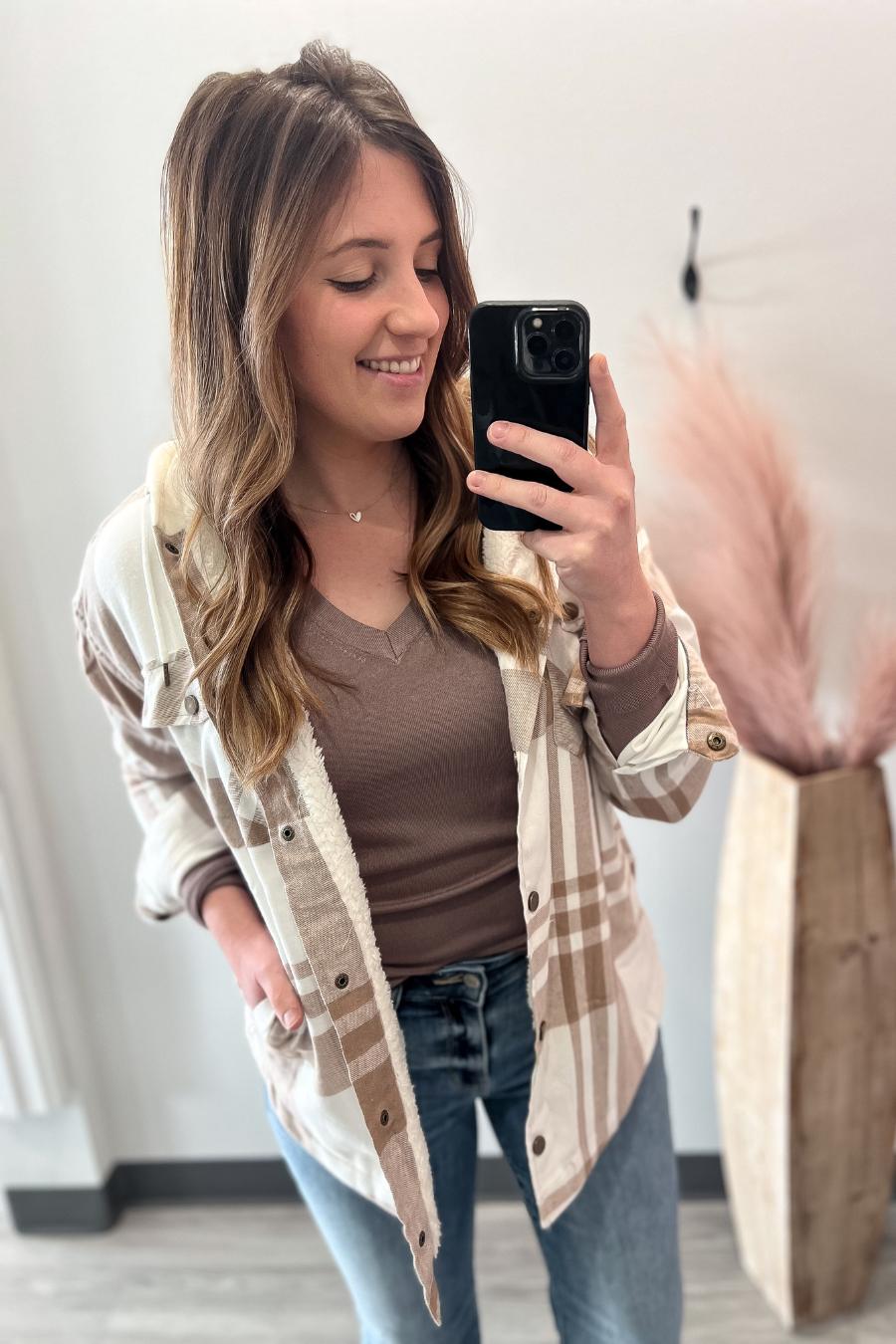 Beige Plaid Flannel Jacket With Sherpa