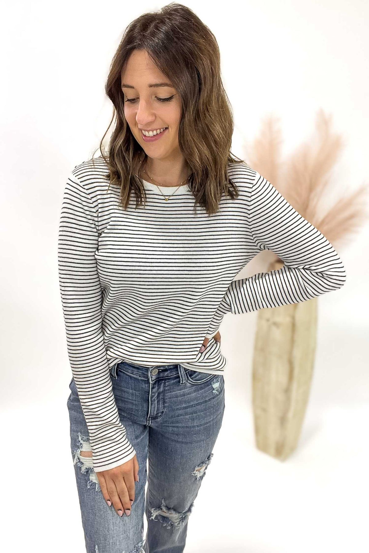 Black Pinstriped Crew Neck Sweater