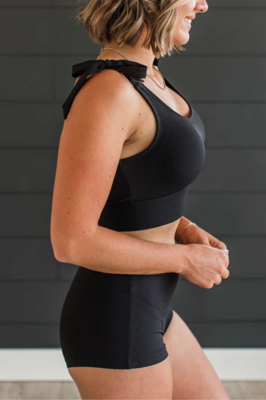 Black Ribbed Swim Top