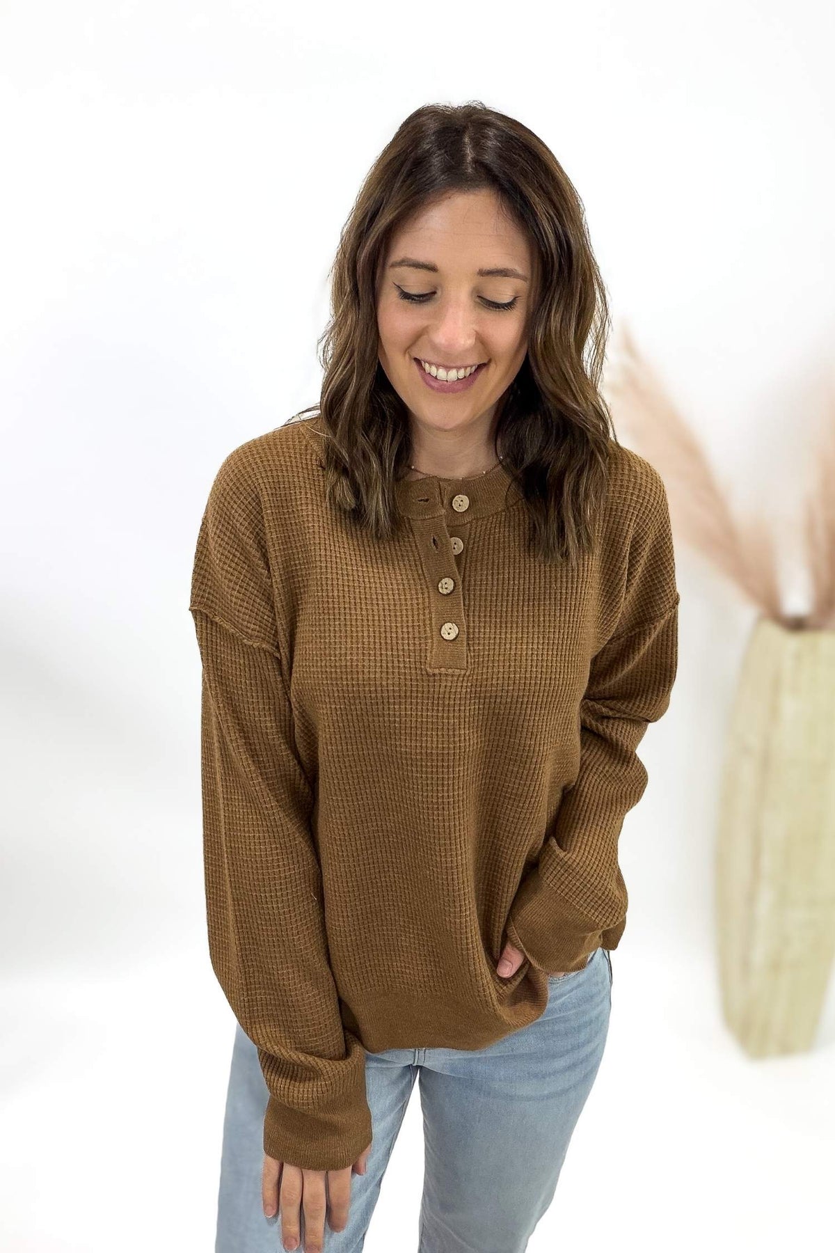 Brown Waffle Knit Henley Sweater