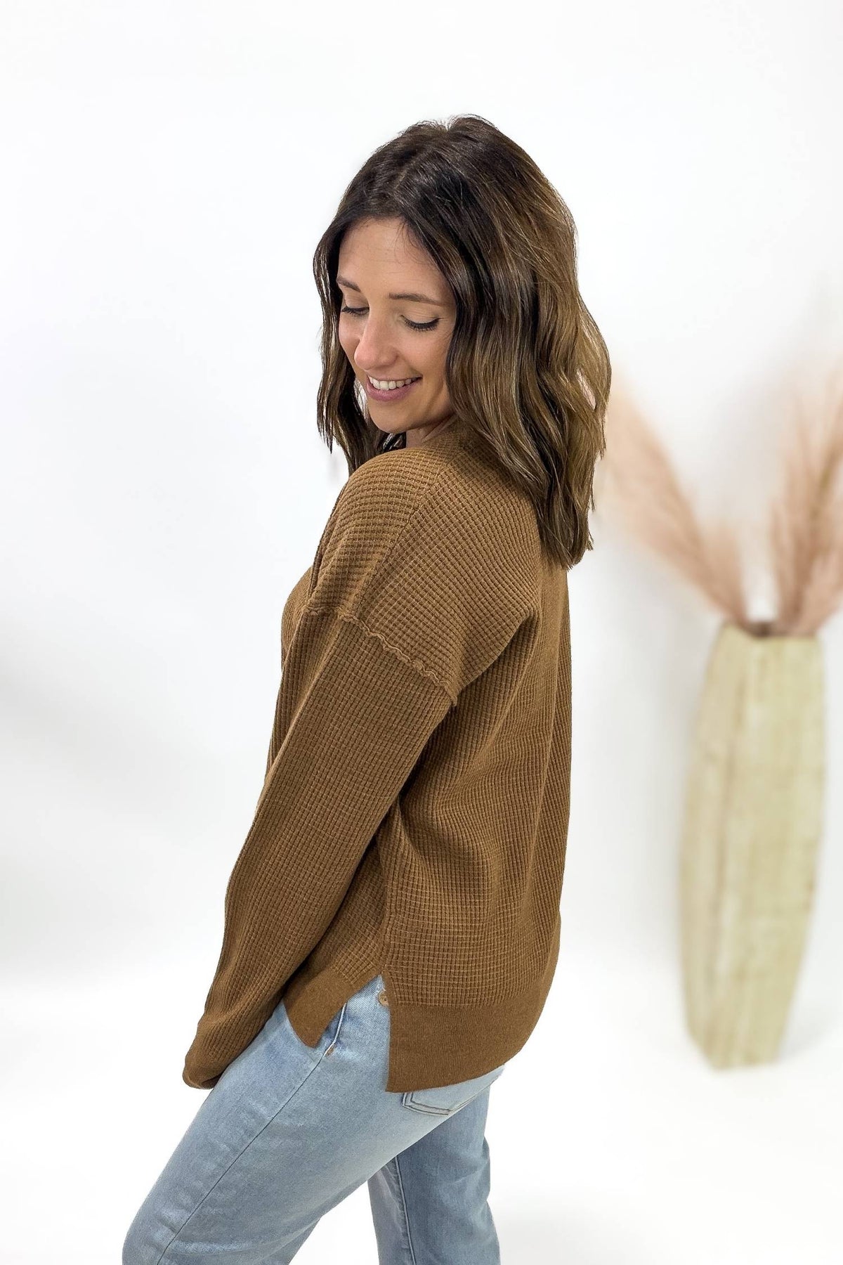 Brown Waffle Knit Henley Sweater