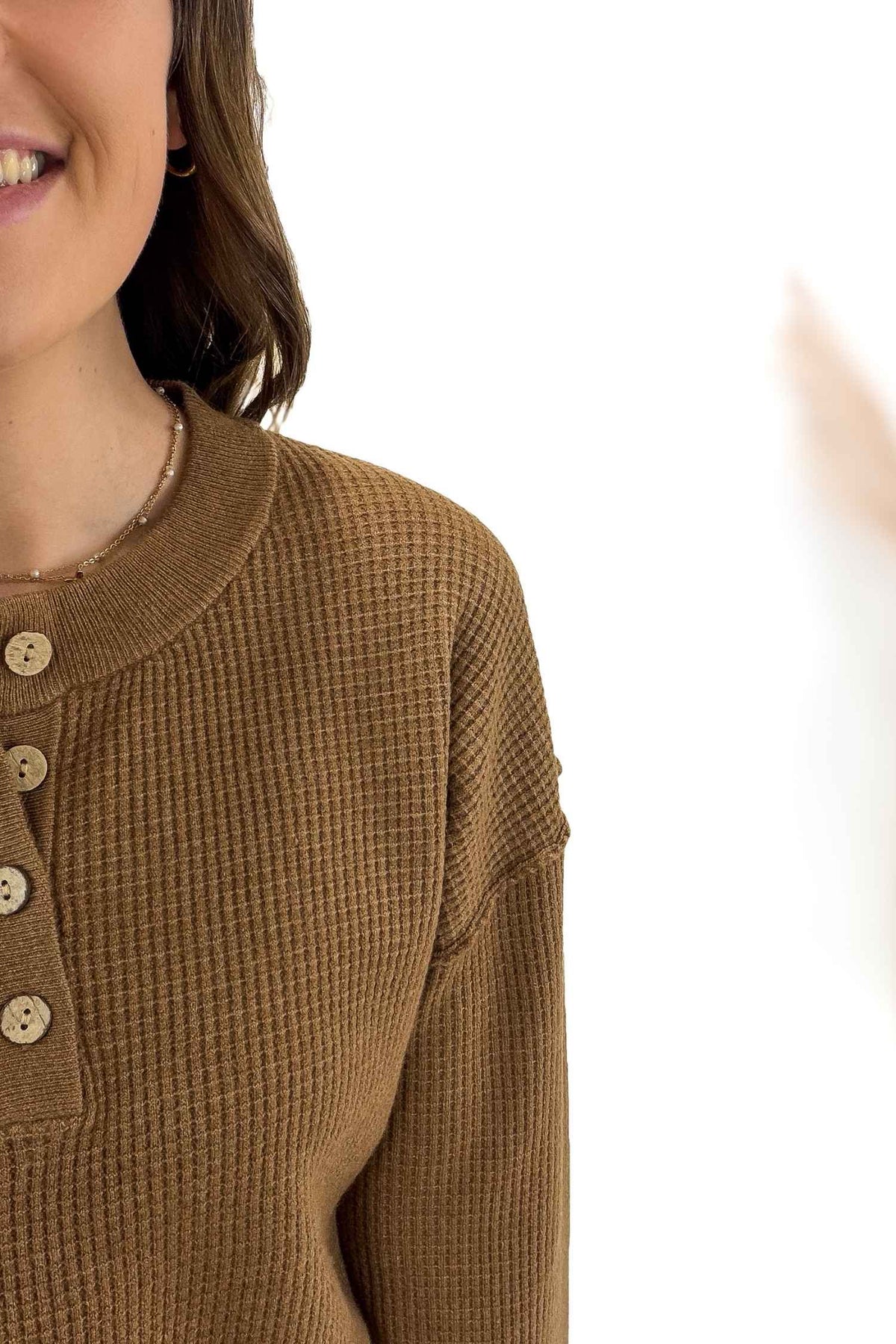 Brown Waffle Knit Henley Sweater