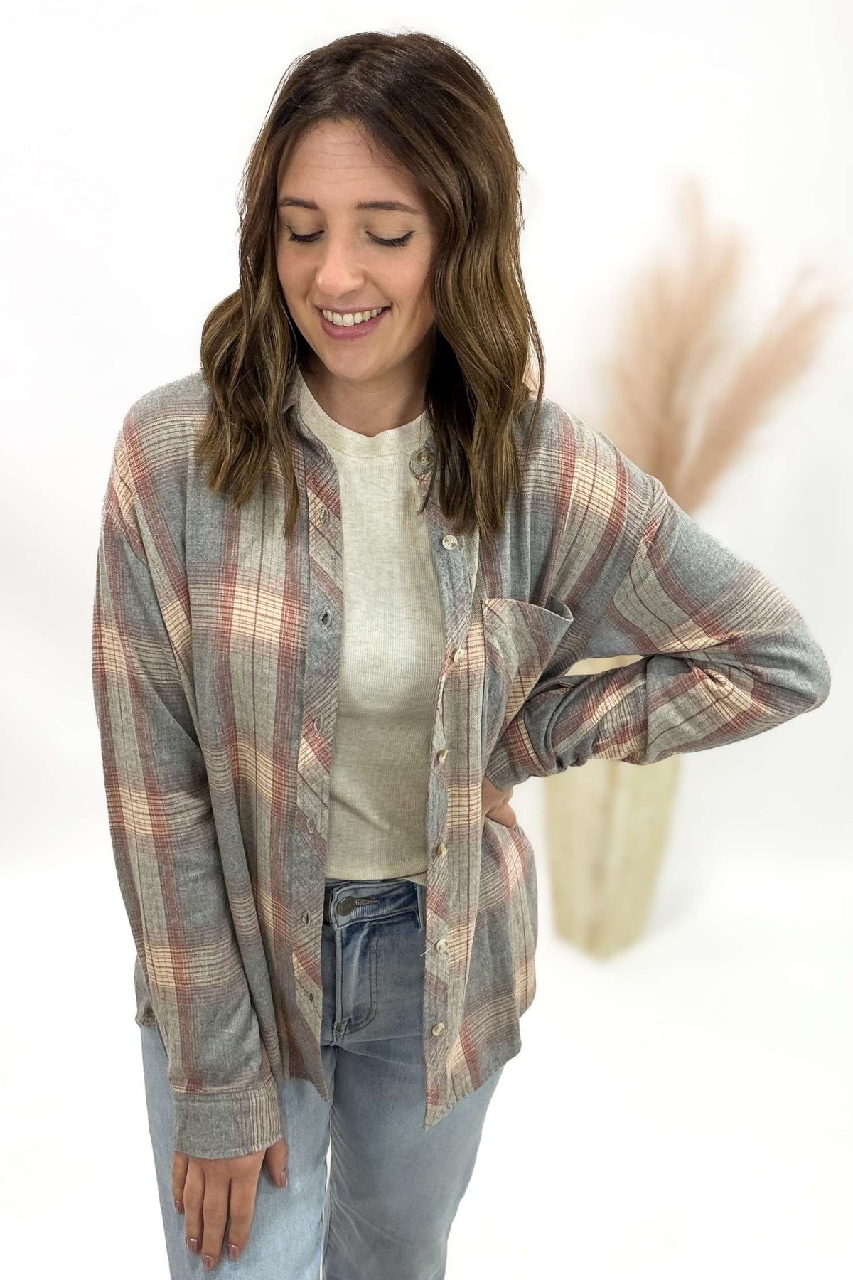 Dusty Coral Plaid Button Up