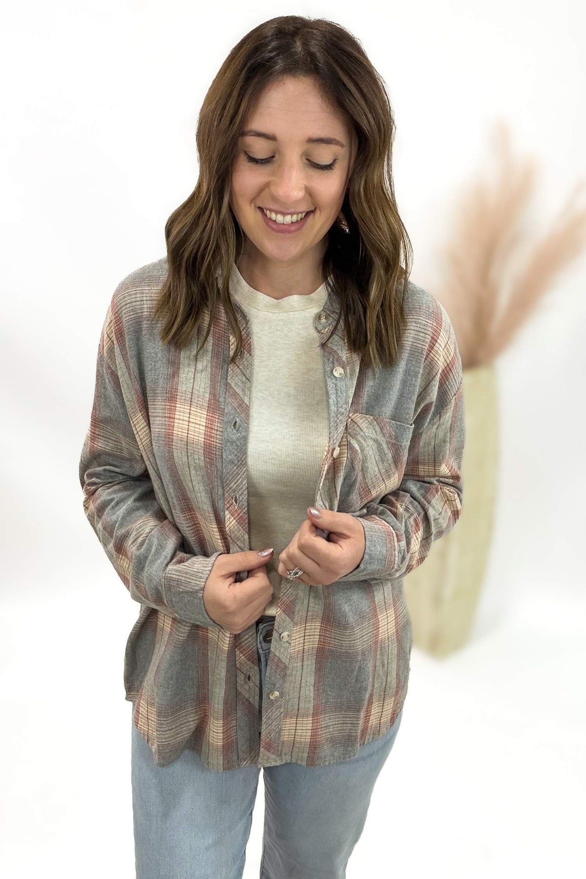 Dusty Coral Plaid Button Up