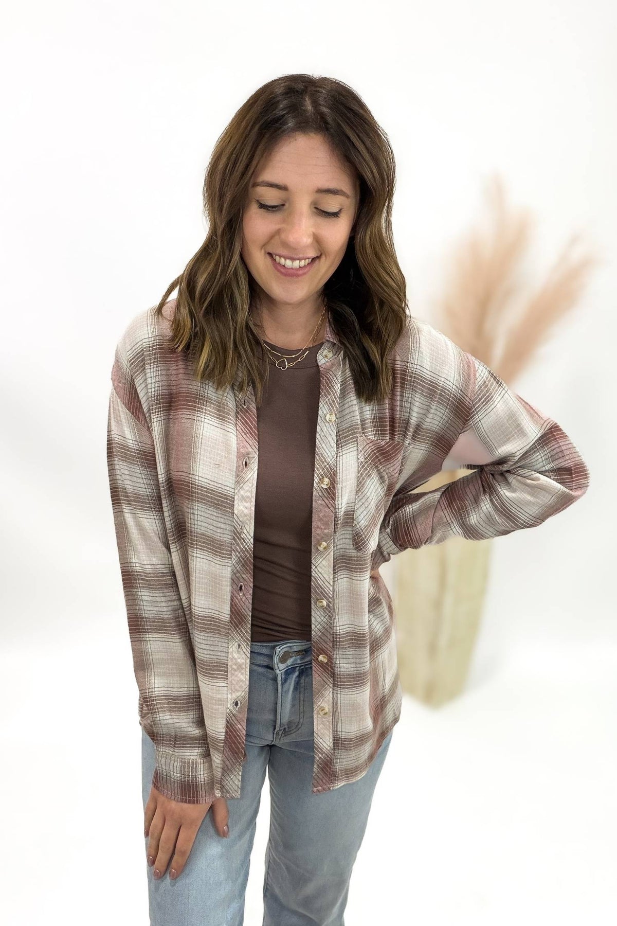 Dusty Pink Classic Plaid Button Up