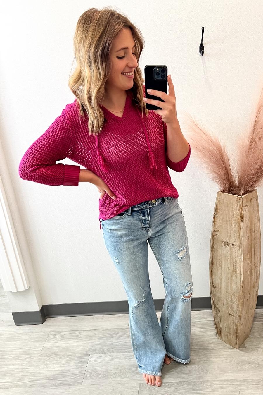 fall fashion fish net sweater Fish Net Magenta Hoodie Pullover – Lot21 Boutique