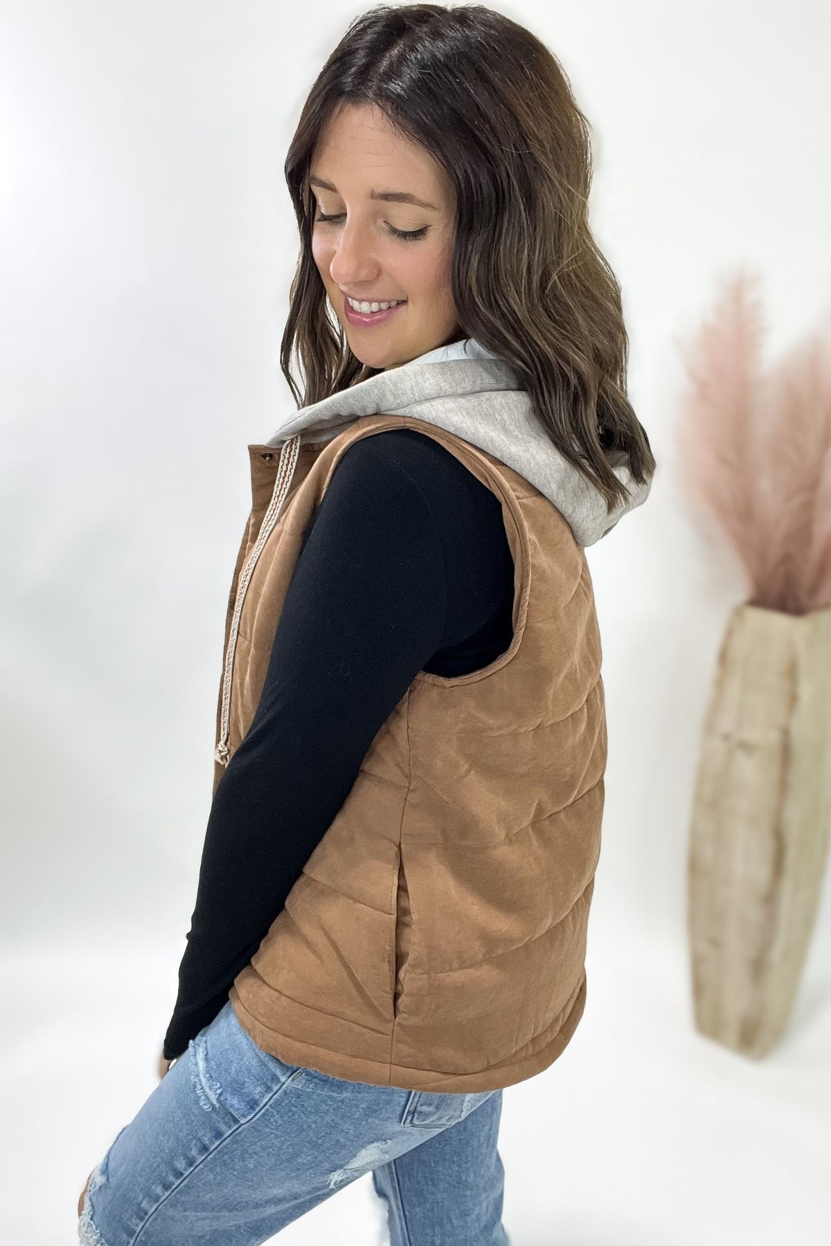 Mocha Puffer Vest With Hoodie
