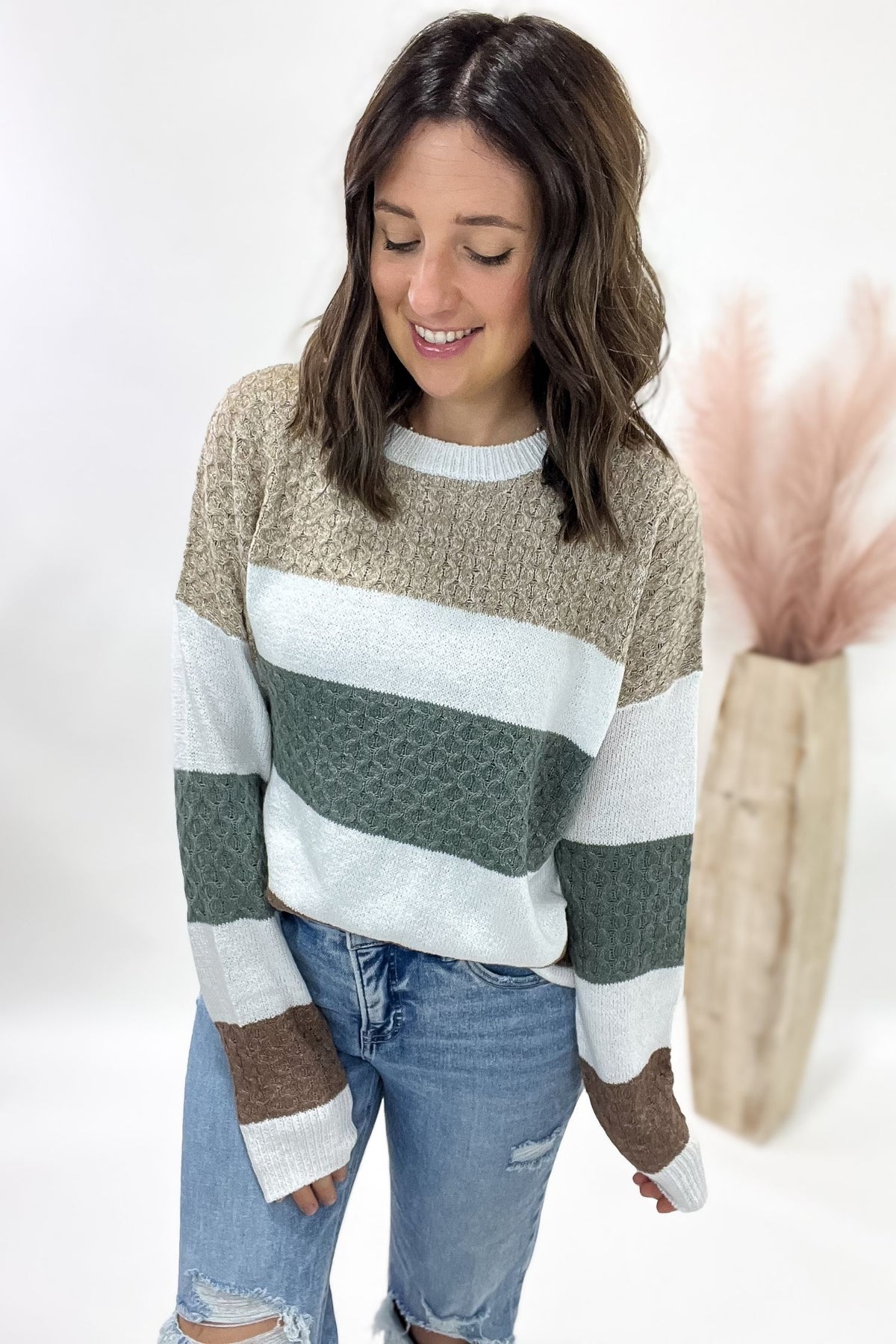 Olive Multi Texture Color Block Sweater