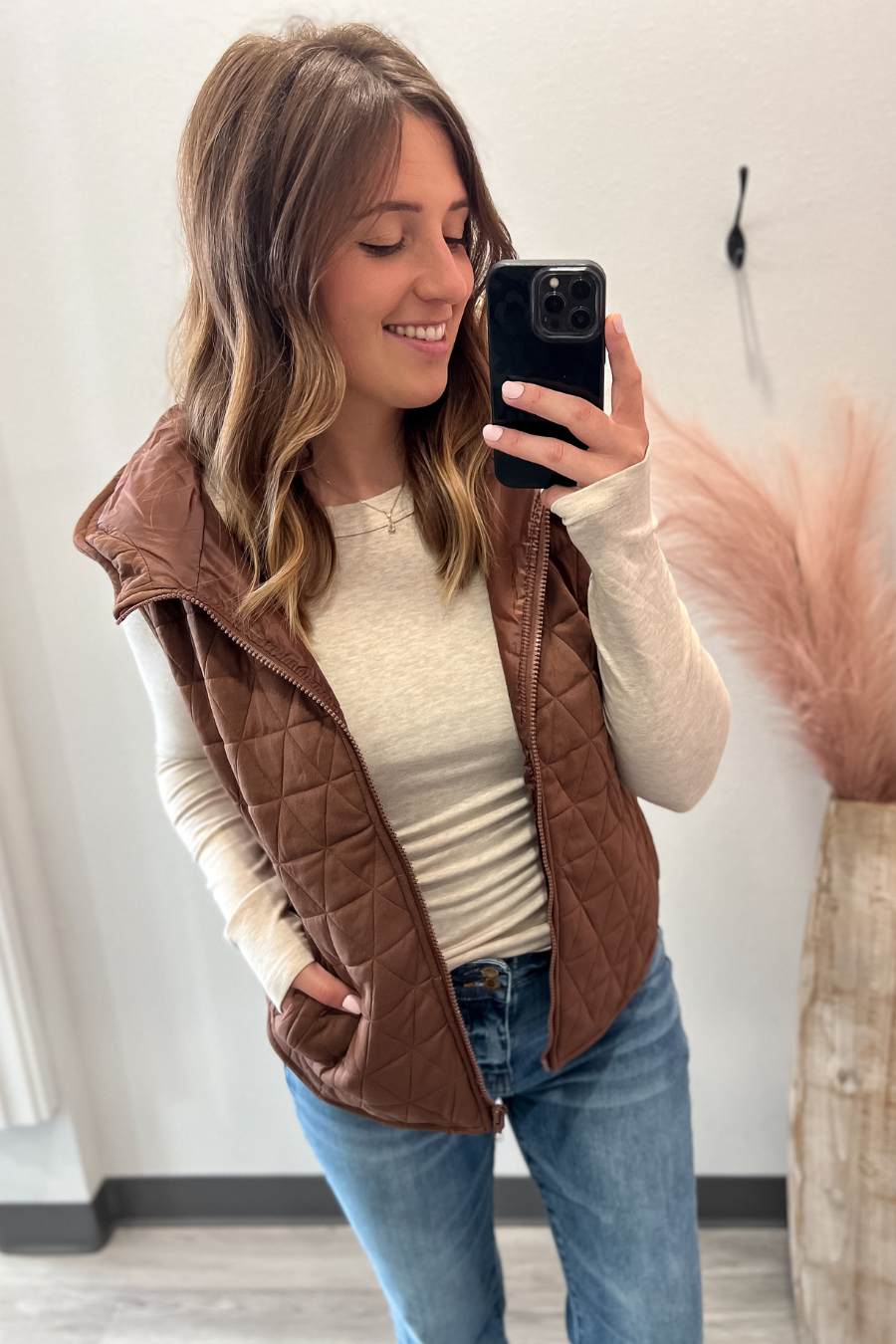 Quilted Lined Vest With Hood- Brown