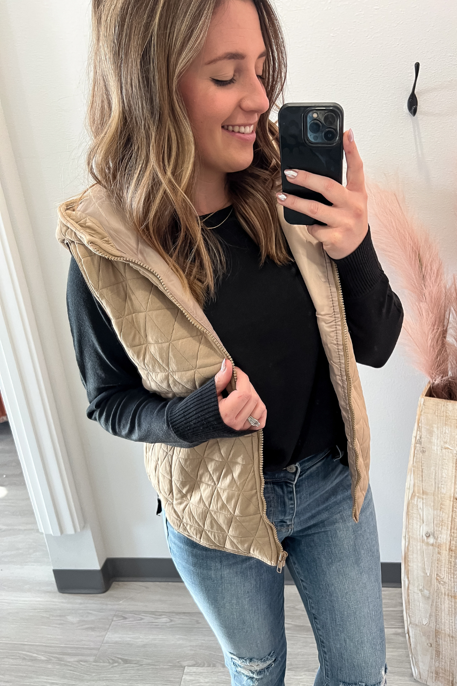 Quilted Lined Vest With Hood- Taupe
