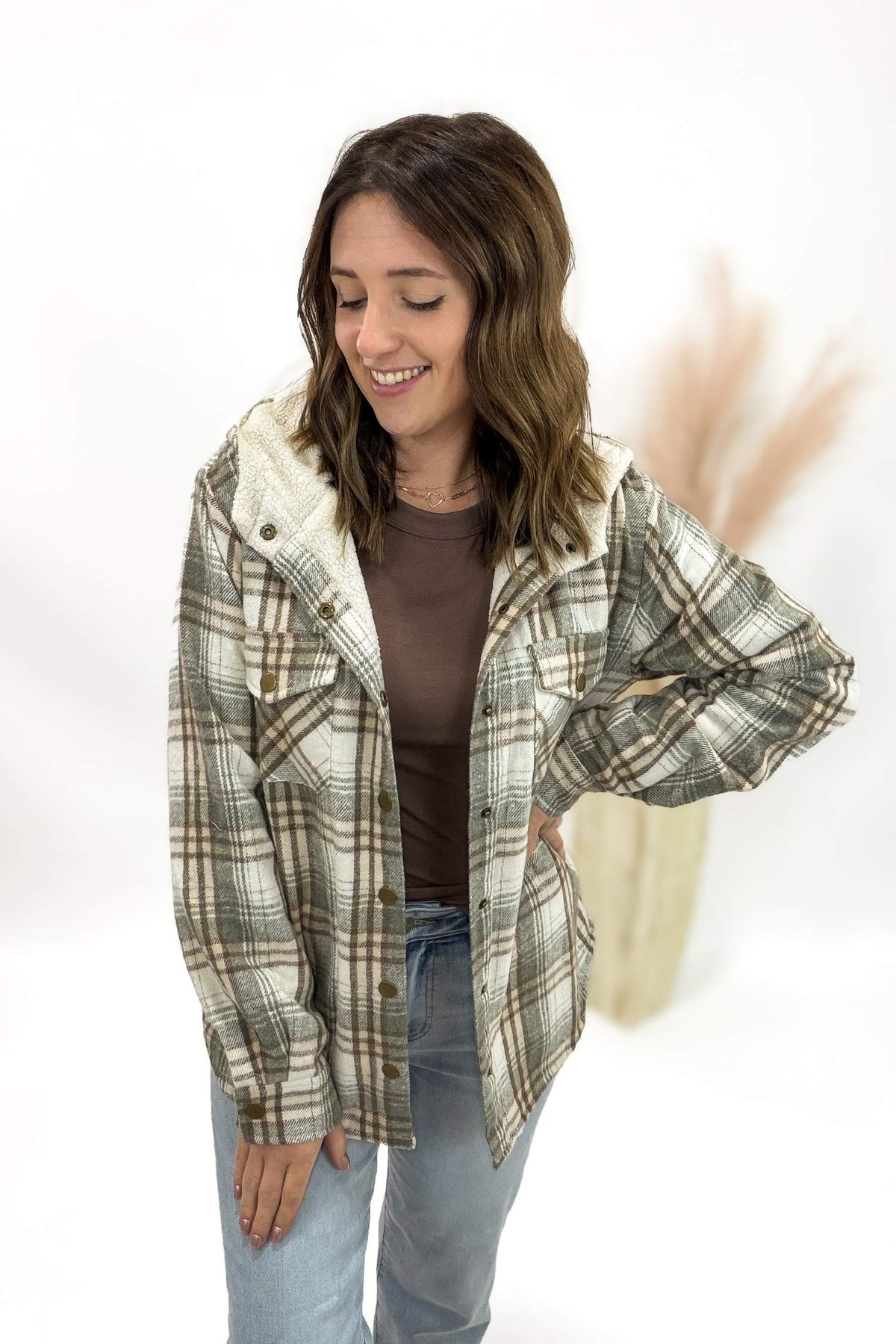 Sage Sherpa Lined Plaid Jacket