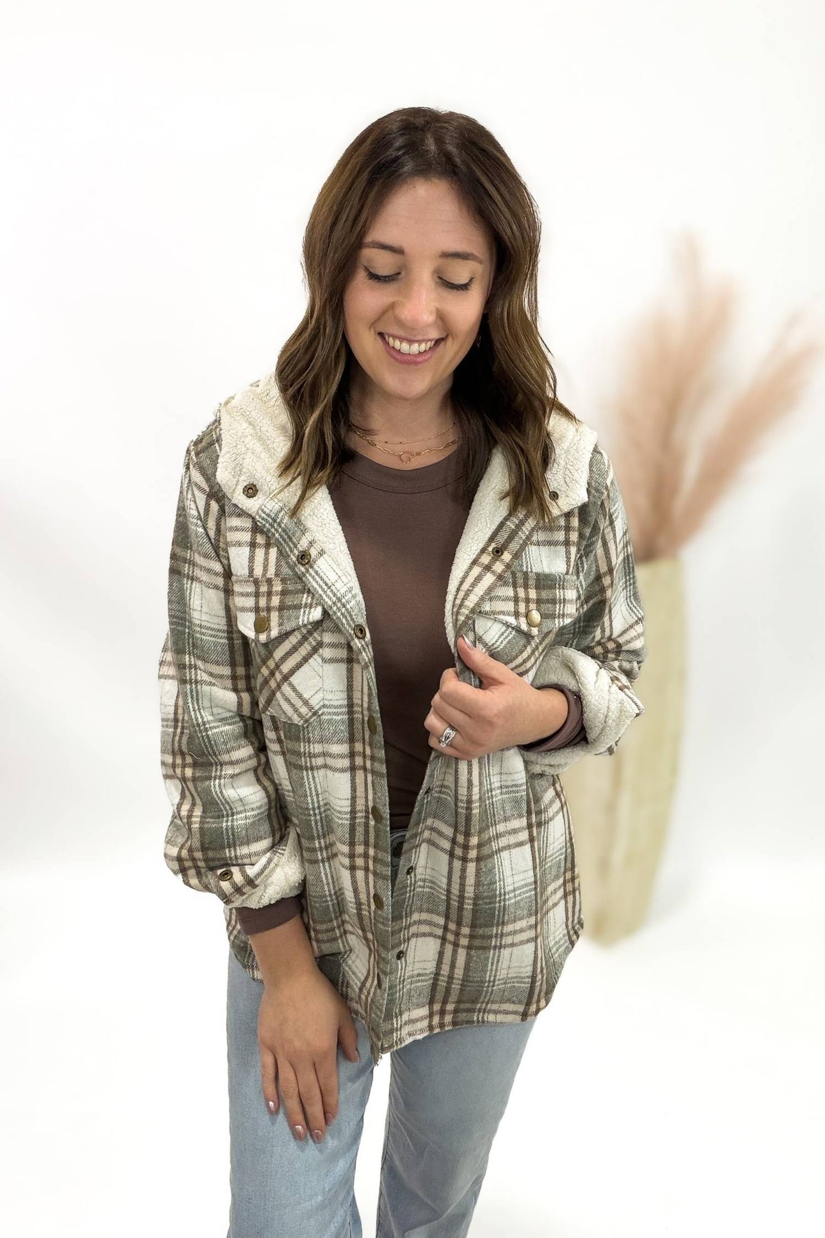 Sage Sherpa Lined Plaid Jacket