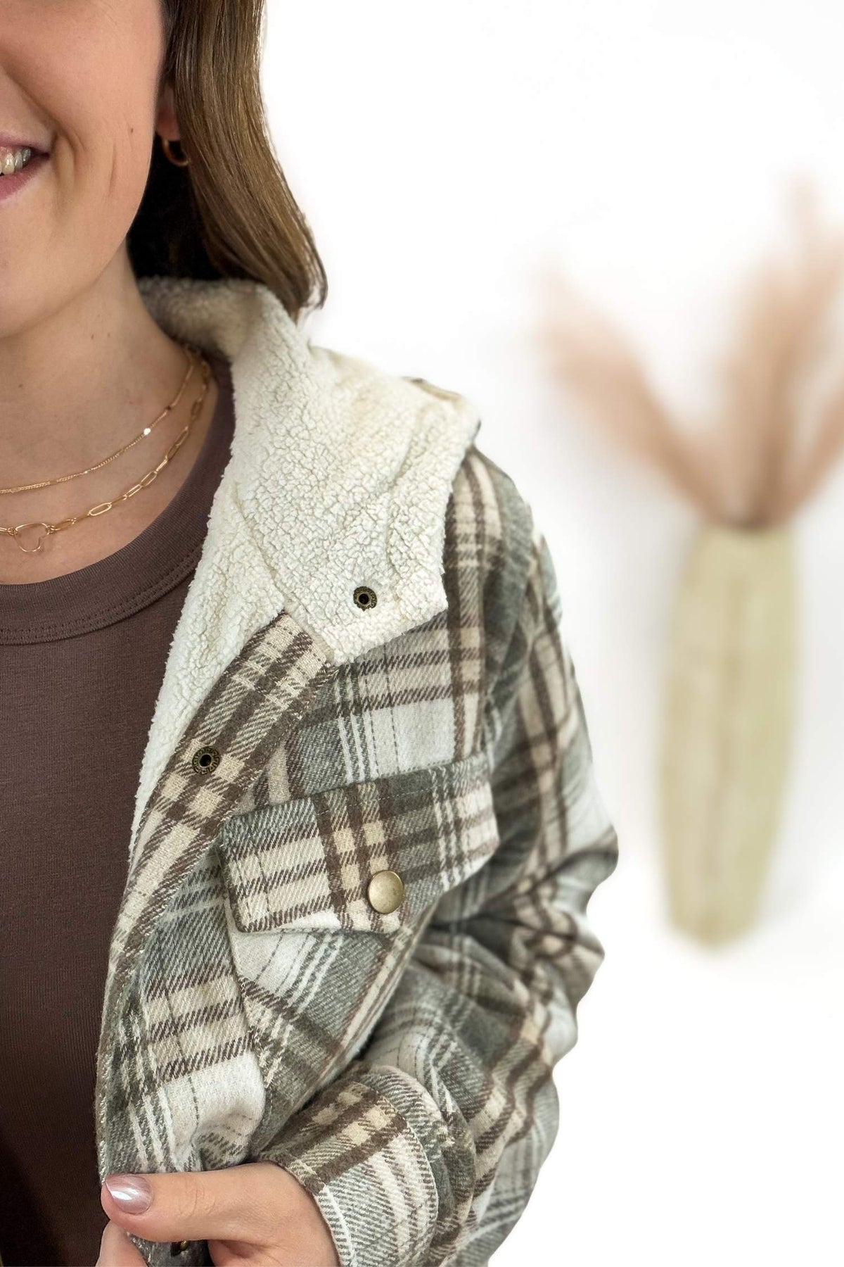 Sage Sherpa Lined Plaid Jacket