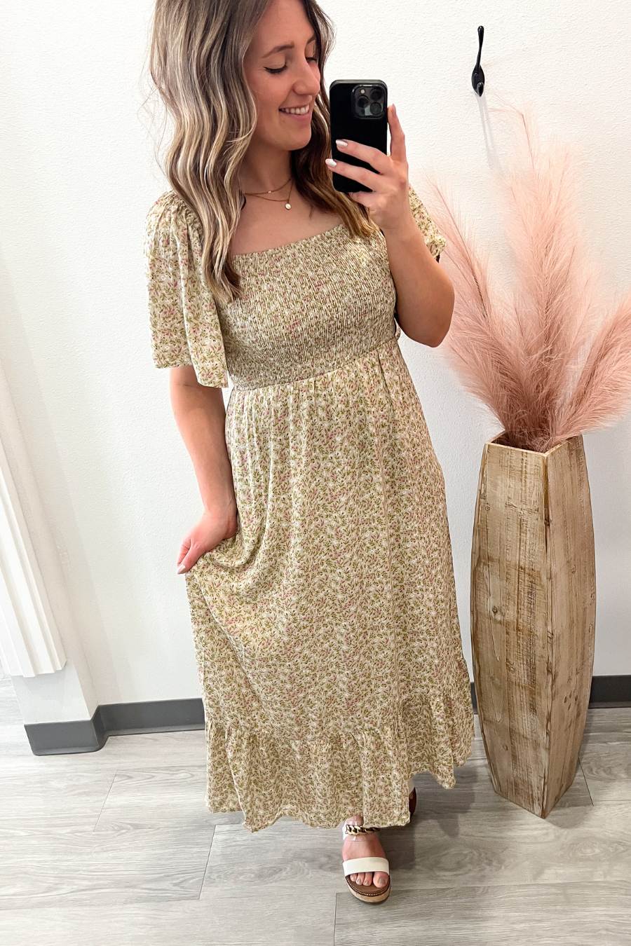 smocked square neck midi dress Smocked Square Neck Floral Midi Dress Medium
