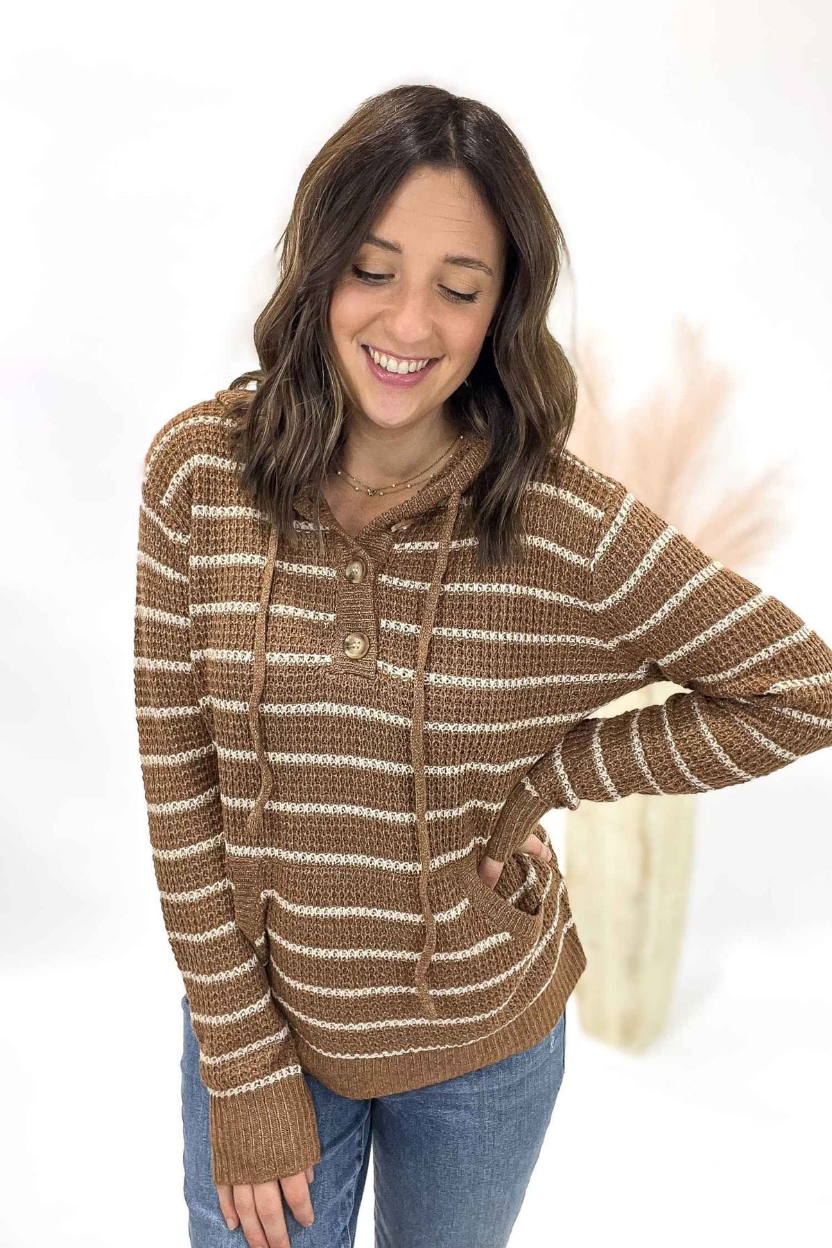 Striped Button Front Waffle Sweater in Camel