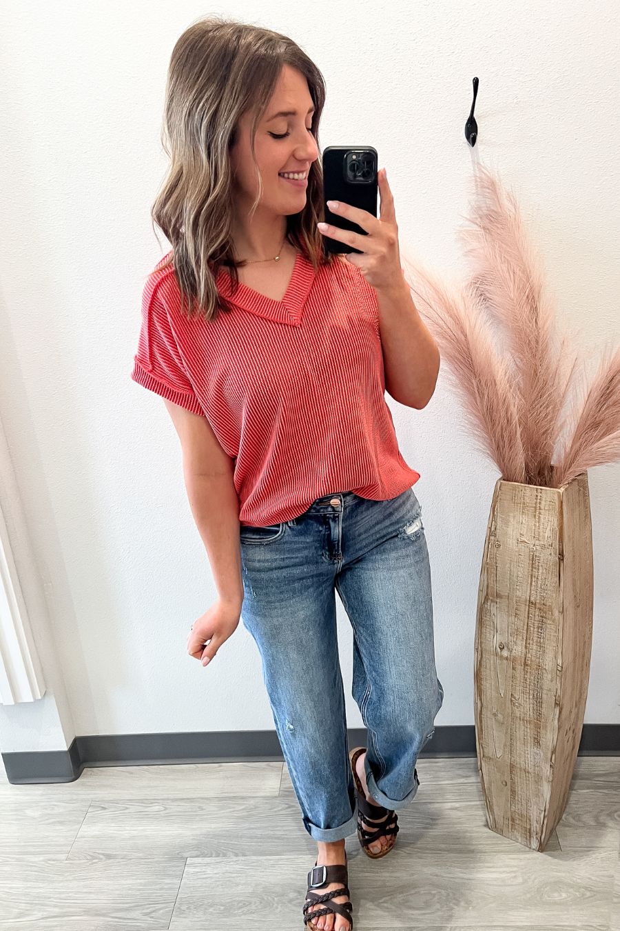 V-Neck Ribbed Tee- Coral
