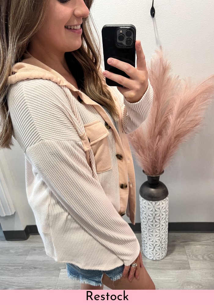 Ribbed Hoodie Jacket- Taupe - Lot21 Boutique