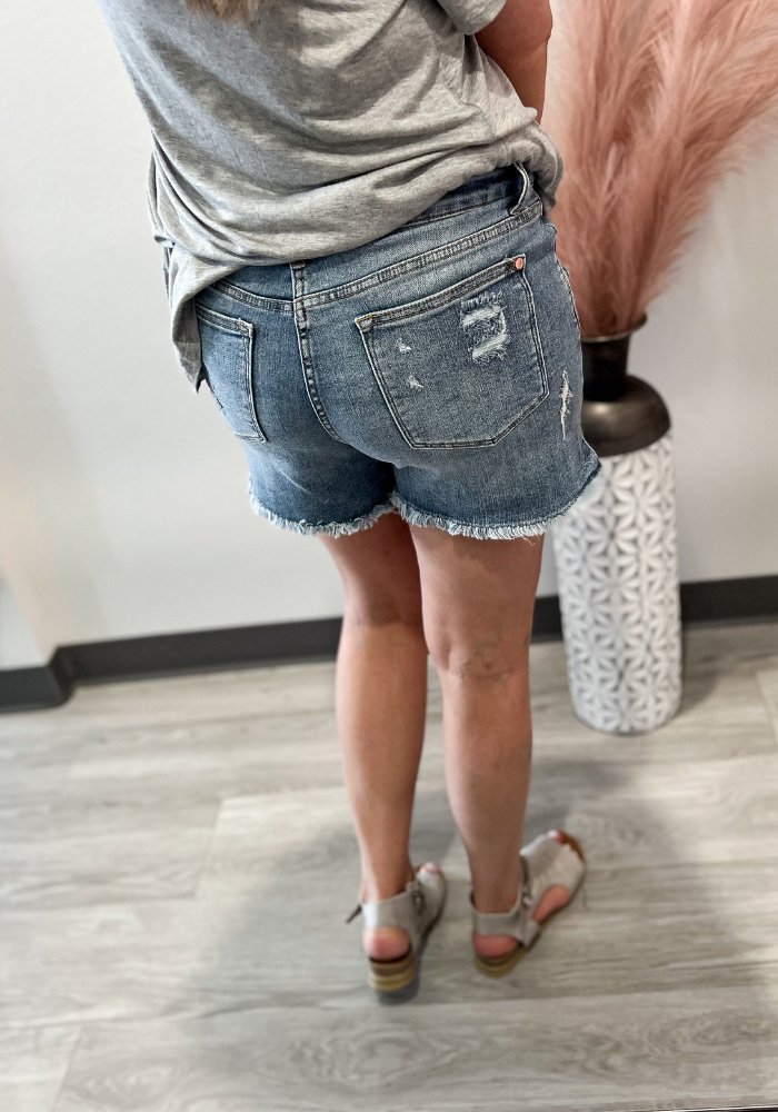 Judy Blue Mid Rise Denim Patch Shorts - Lot21 Boutique