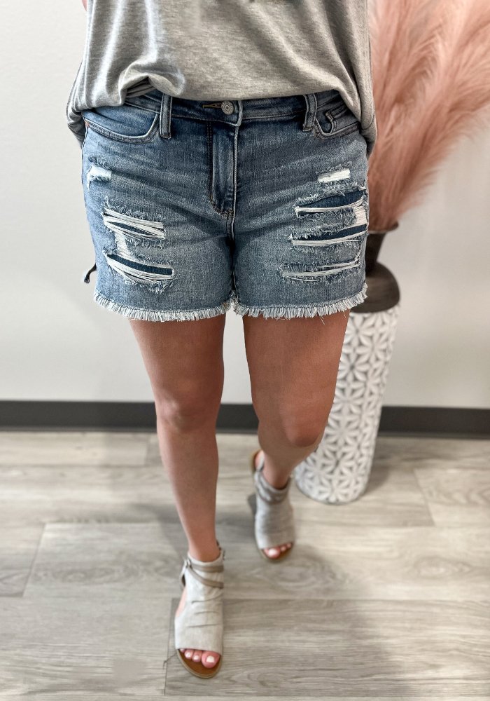 Judy Blue Mid Rise Denim Patch Shorts