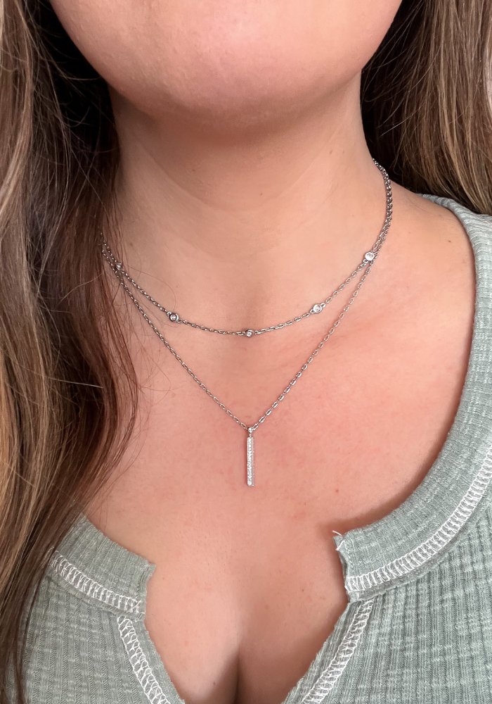 Silver Layered Necklace with Bar Pendant