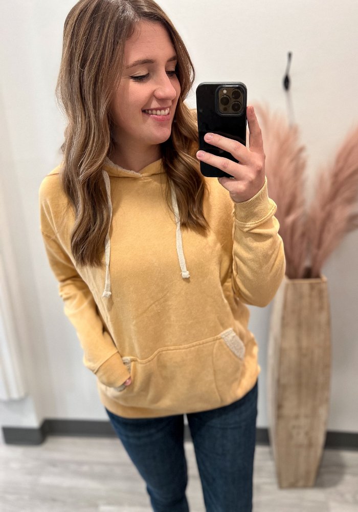 Mustard Sherpa Accent Hoodie - Lot21 Boutique