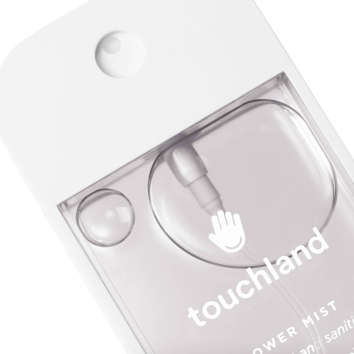 Clear bottle with dropper labeled 'touchland' on a white background