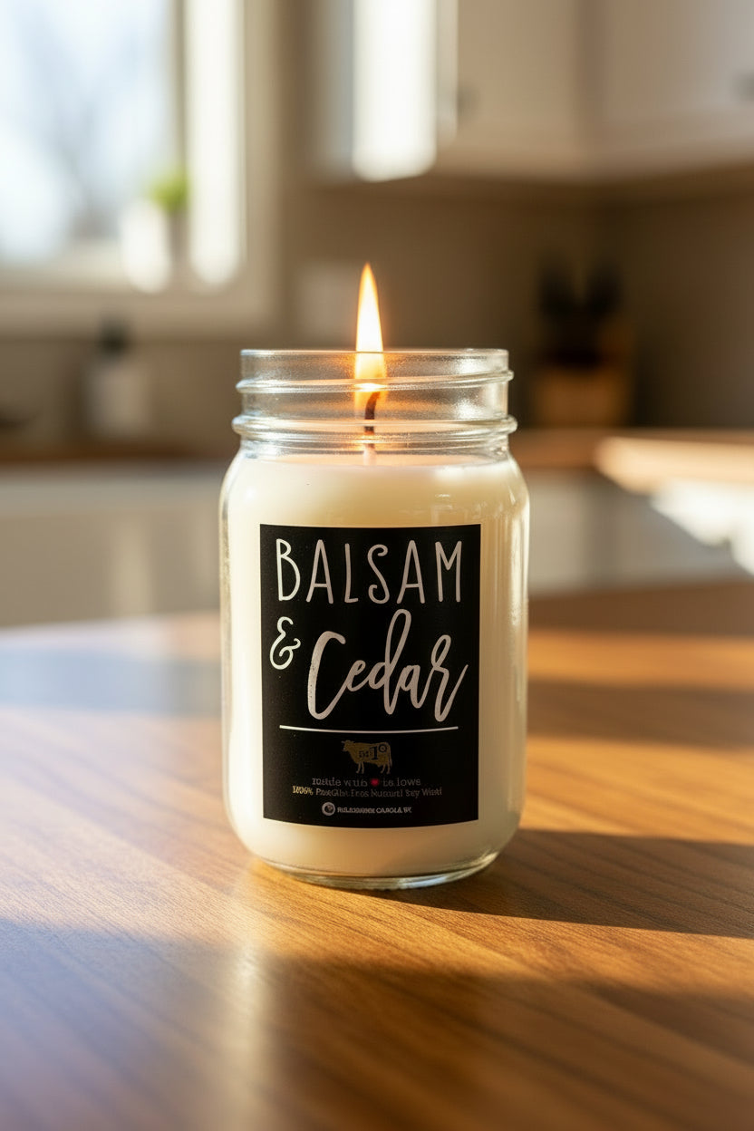 Balsam & Cedar candle in a kitchen on a wood countertop
