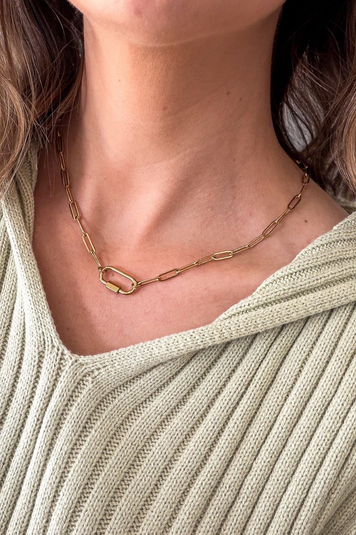 18k gold plated paperclip necklace with carabiner clasp