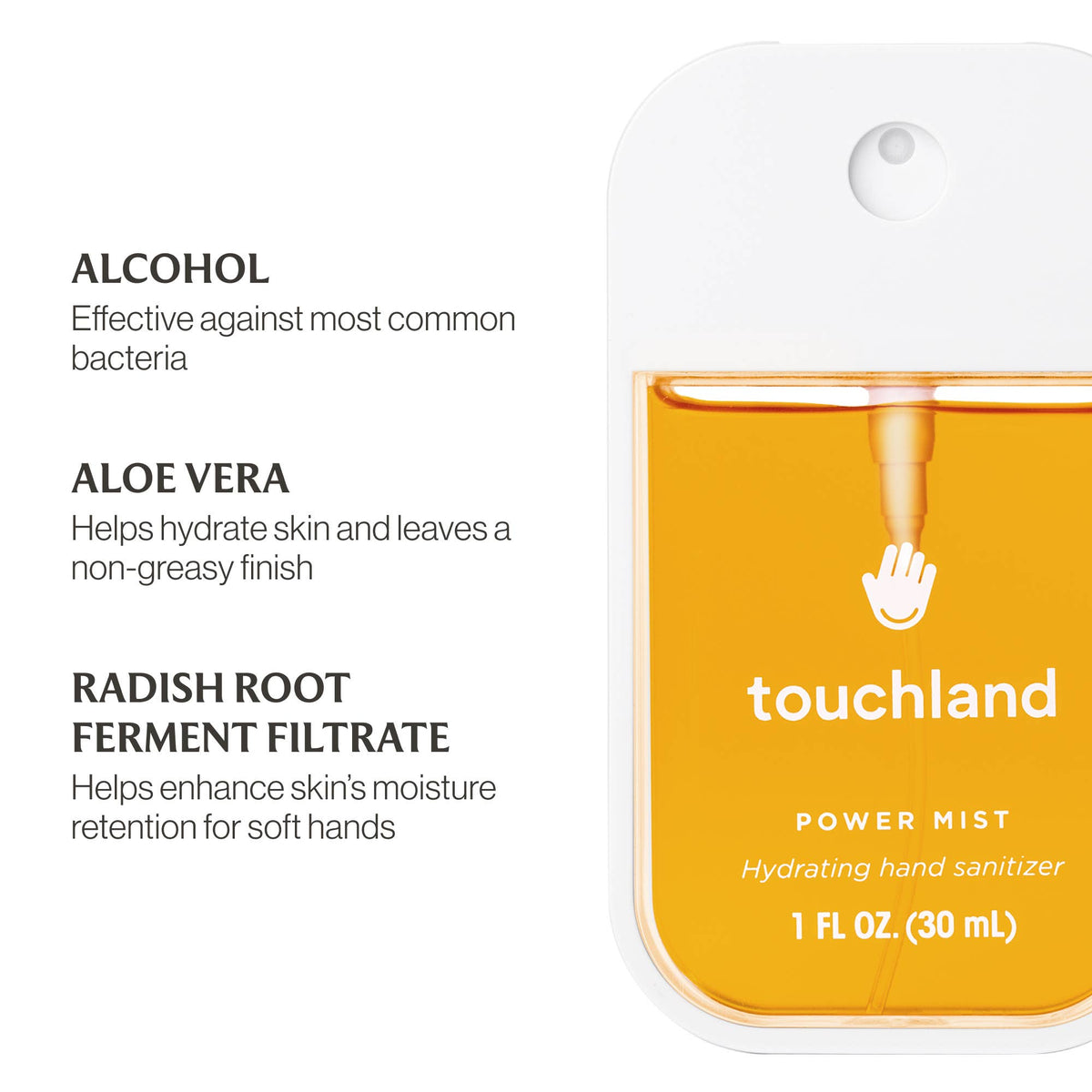 Touchland power mist hydrating hand sanitizer with ingredients listed on a white background