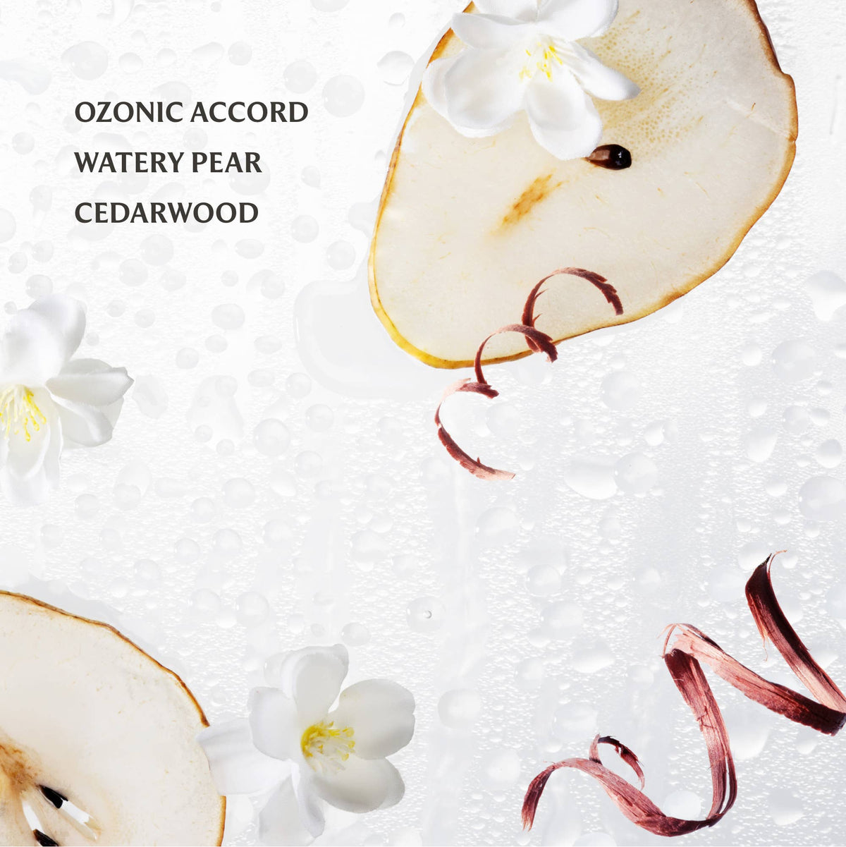 Sliced pear with flowers and brush strokes on a textured white background, labeled 'Ozonic Accord Watery Pear Cedarwood'.