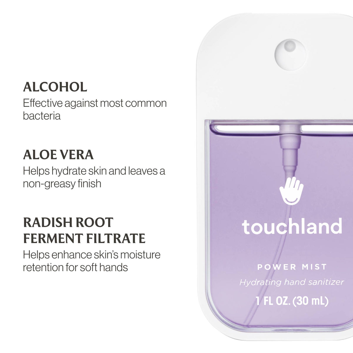 Touchland power mist hand sanitizer with ingredients listed on a white background
