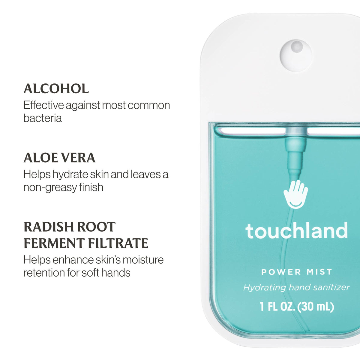 Touchland power mist hand sanitizer with ingredients listed on a white background