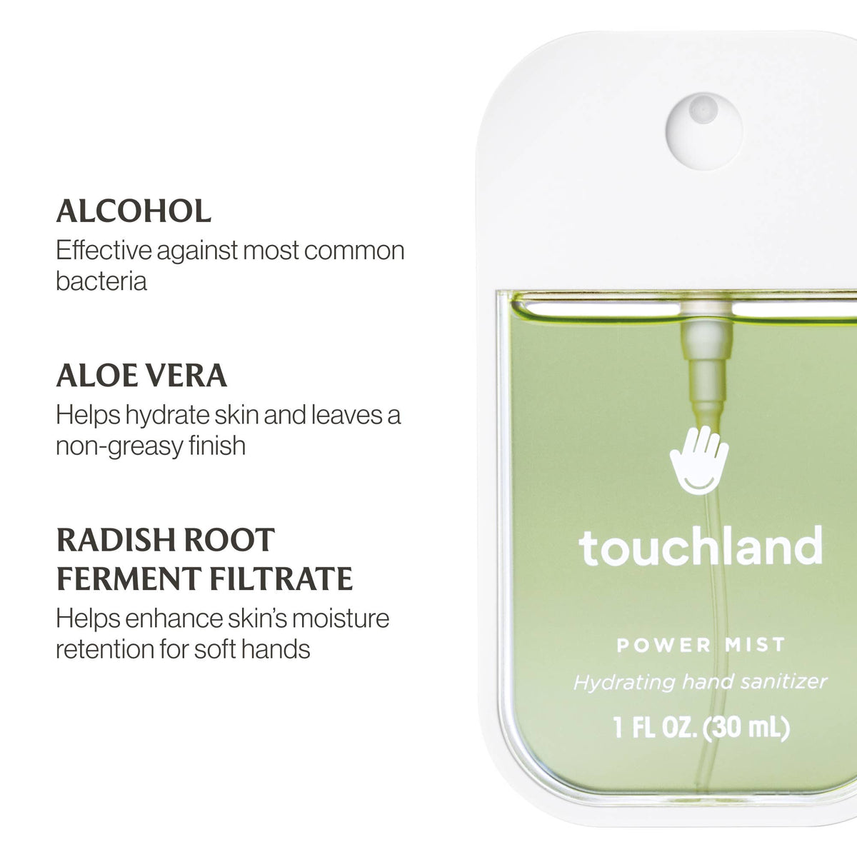 Touchland power mist hand sanitizer packaging with ingredients listed on a white background