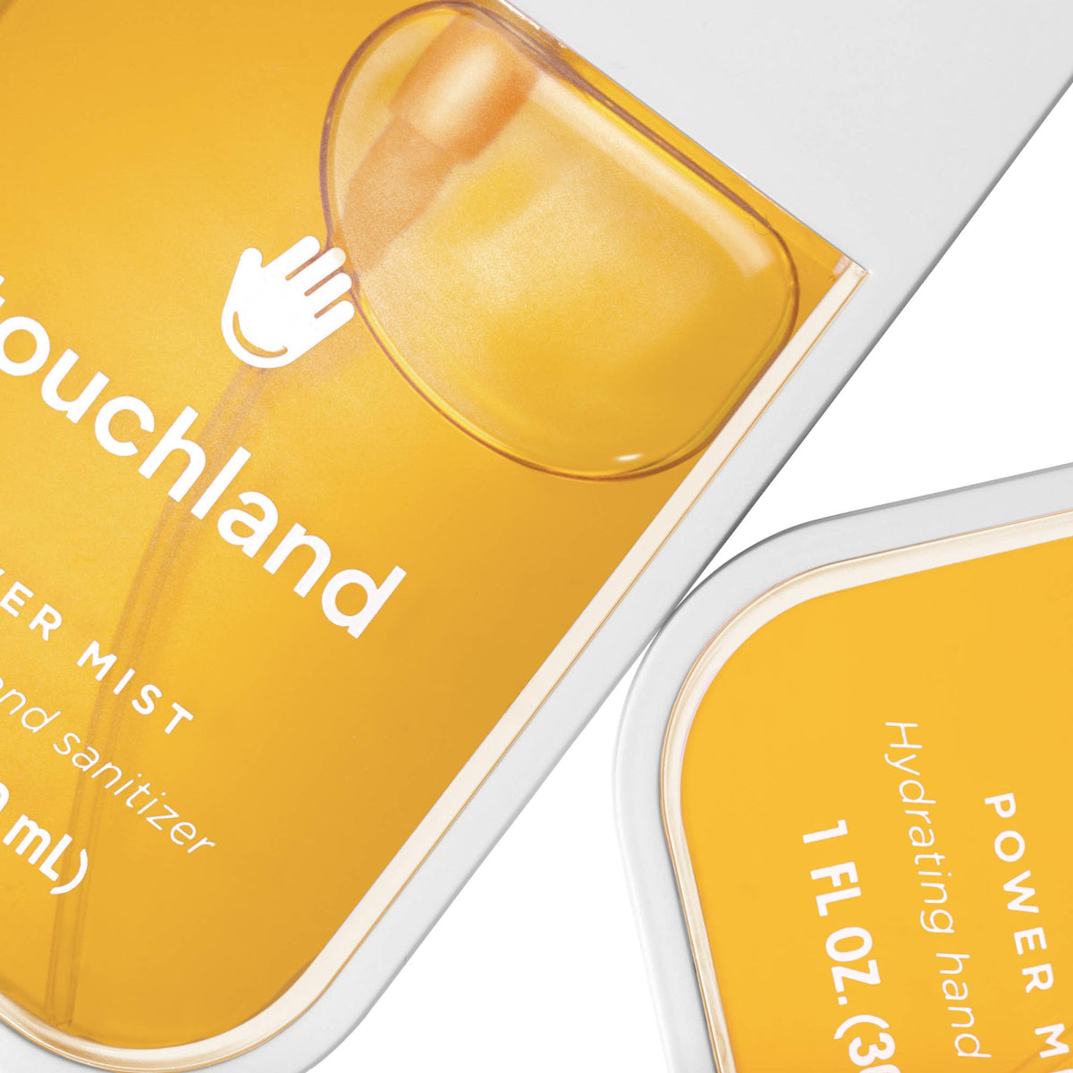 Yellow hand sanitizer bottle with 'ouchland' branding on a white background