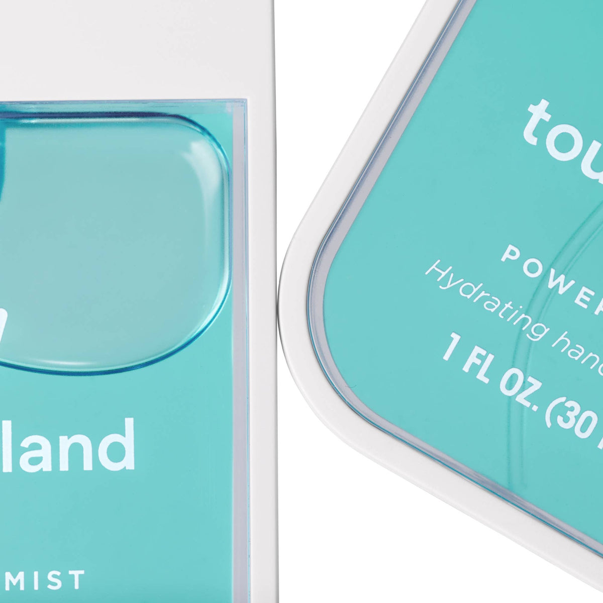 Close-up of a turquoise product container with 'tou' branding on a white background