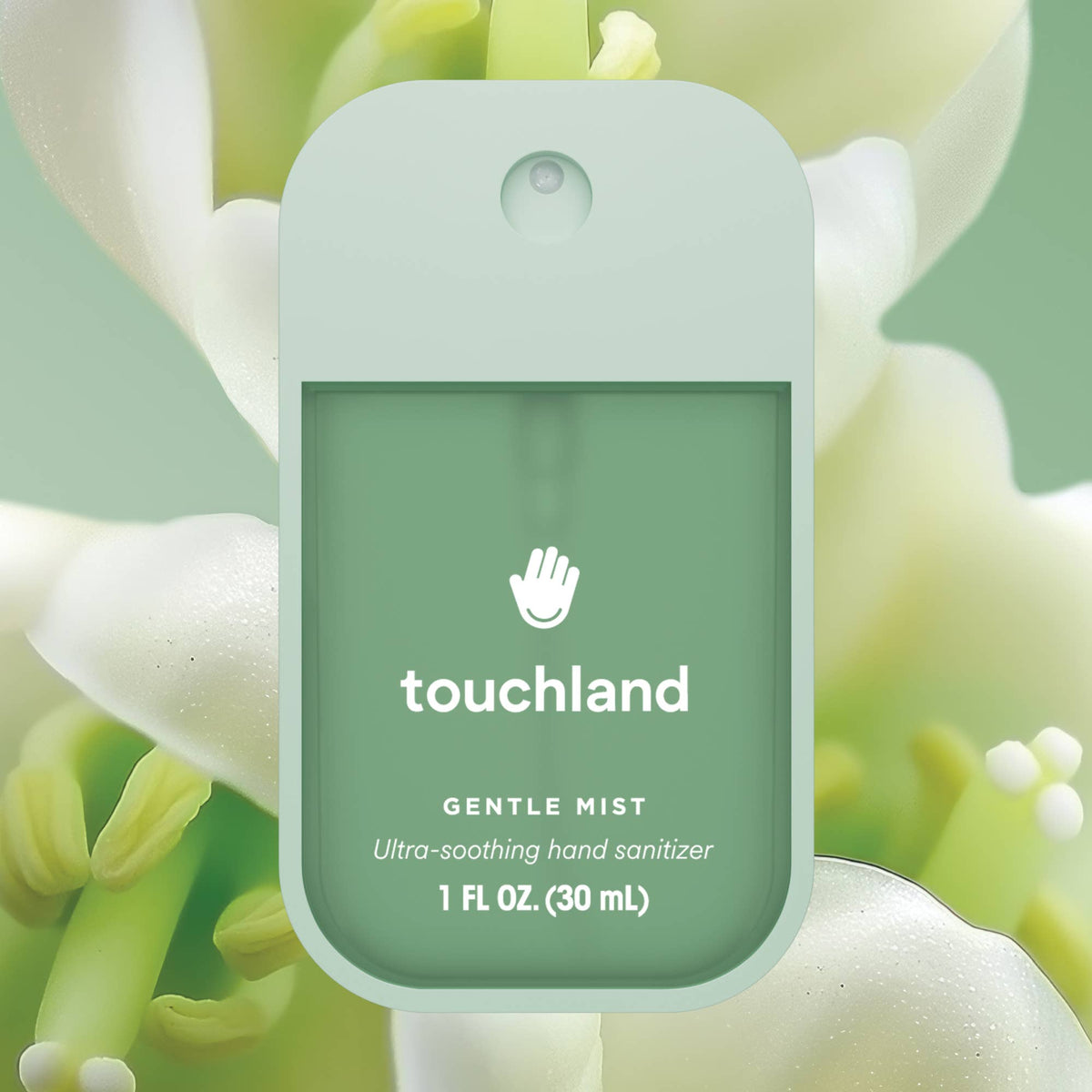 Touchland gentle mist hand sanitizer bottle with a floral background
