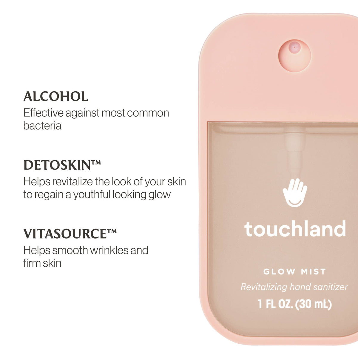 Hand sanitizer bottle with text detailing its ingredients and benefits on a white background