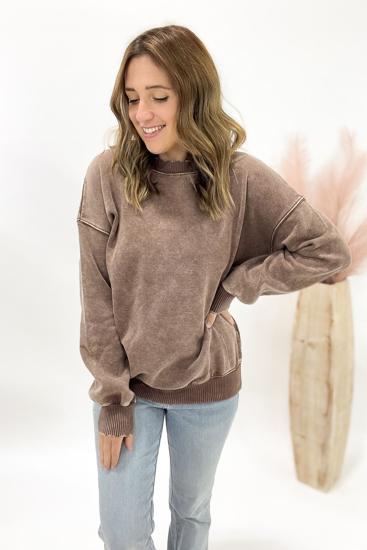 Acid Wash Fleece Pullover- Brown