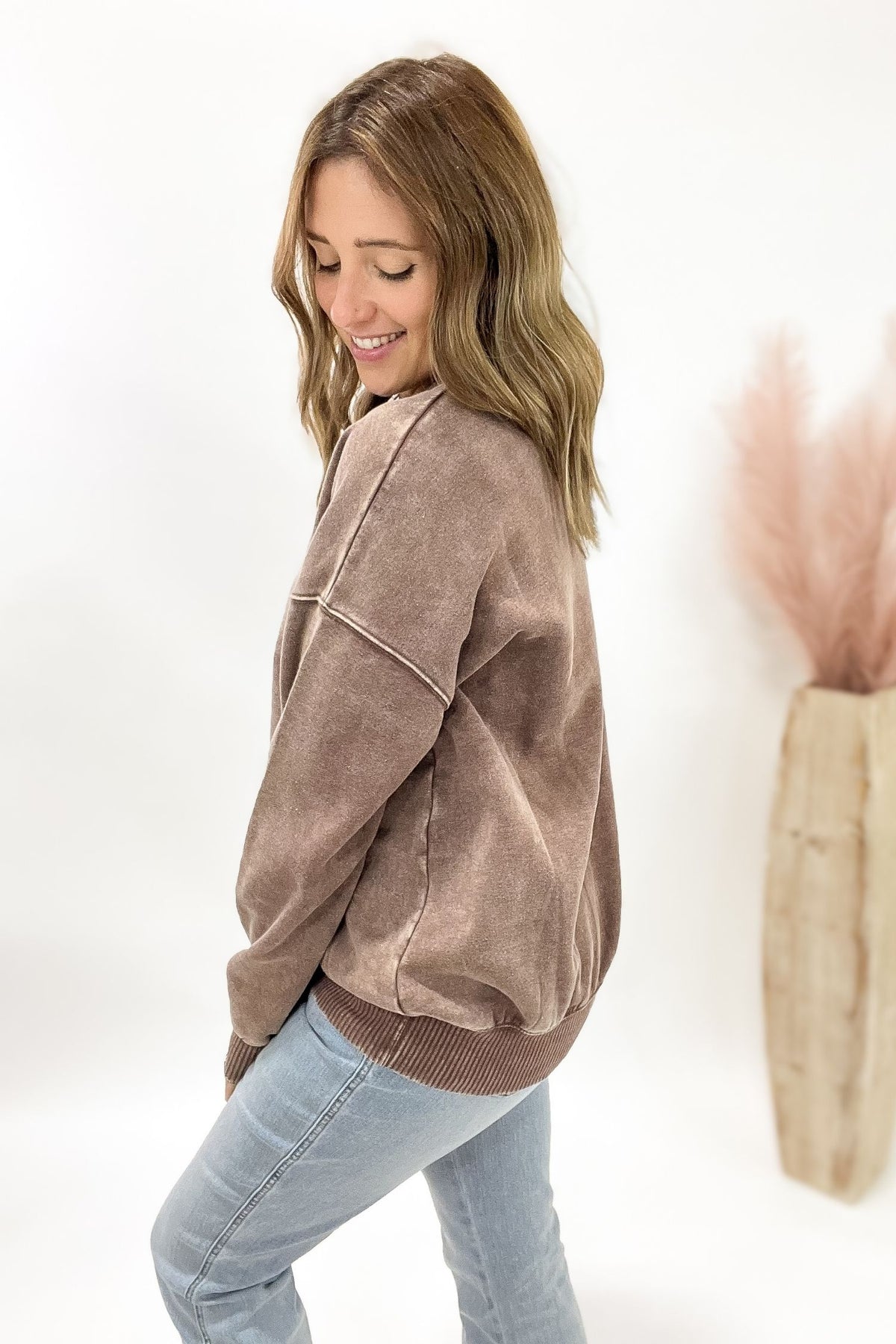 Acid Wash Fleece Pullover- Brown