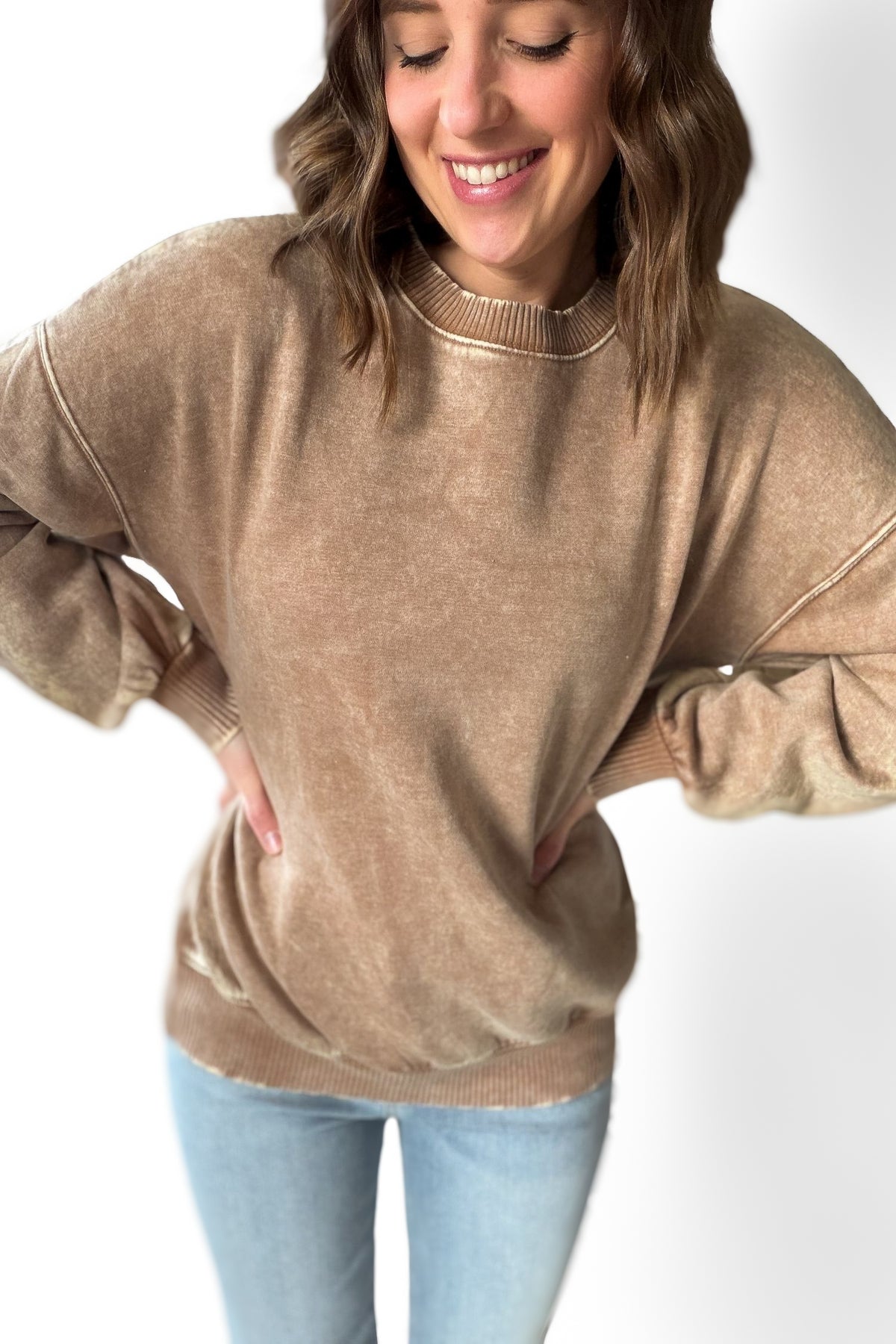 Acid Wash Fleece Pullover- Camel