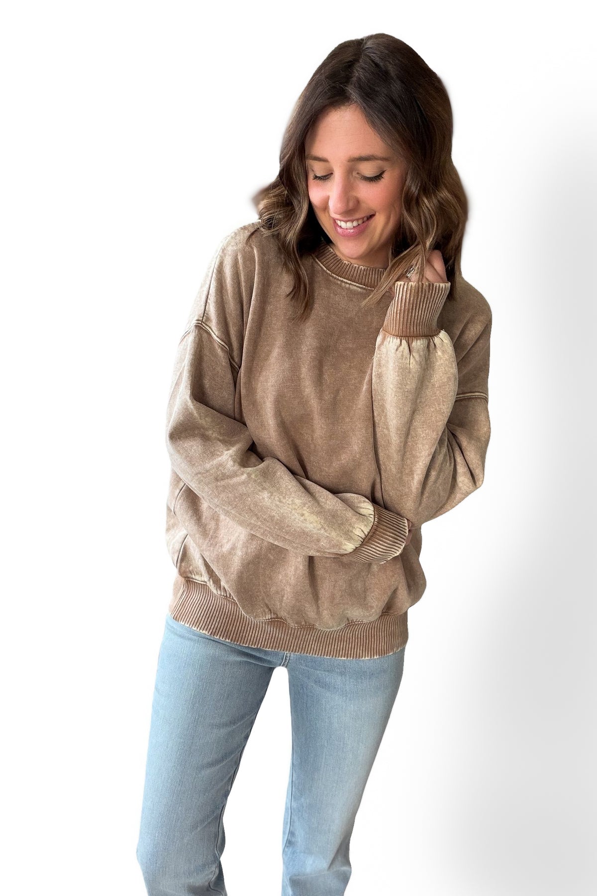 Acid Wash Fleece Pullover- Camel