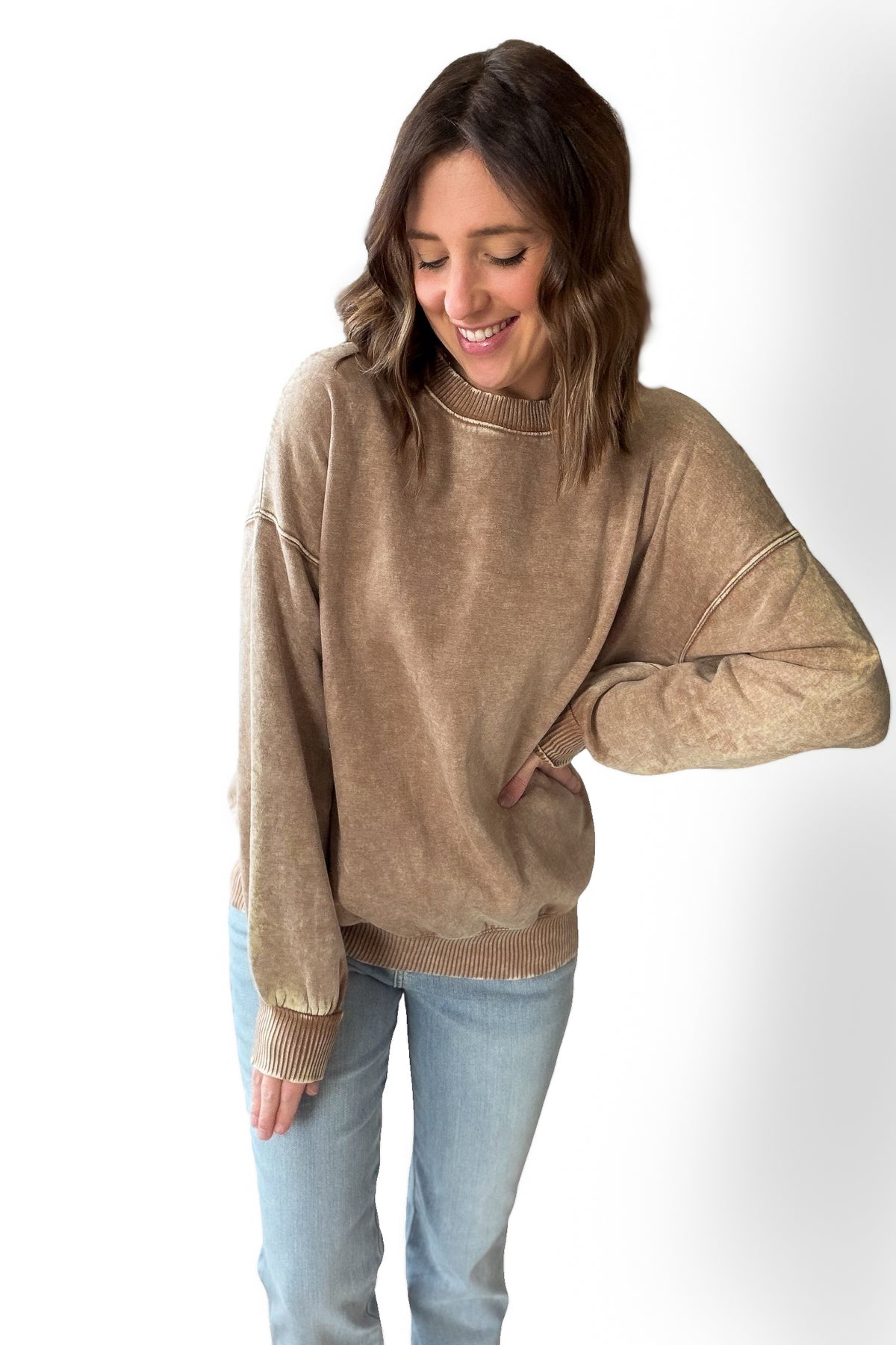 Acid Wash Fleece Pullover- Camel