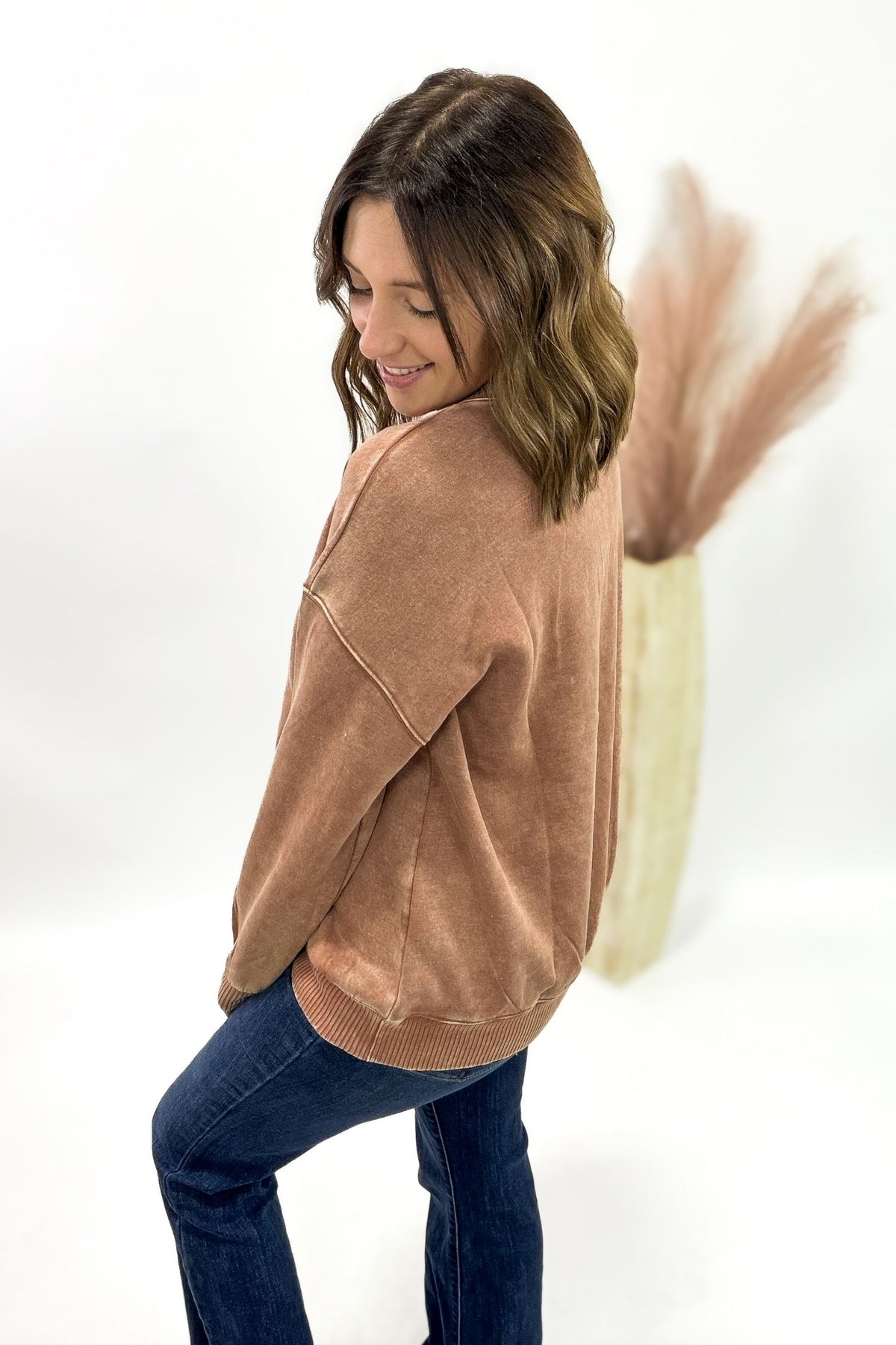 Acid Wash Fleece Pullover- Rust