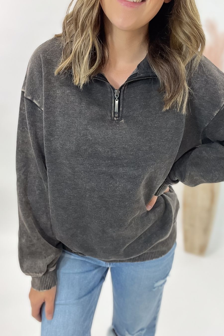 Acid Wash Half Zip Pullover- Heather Black