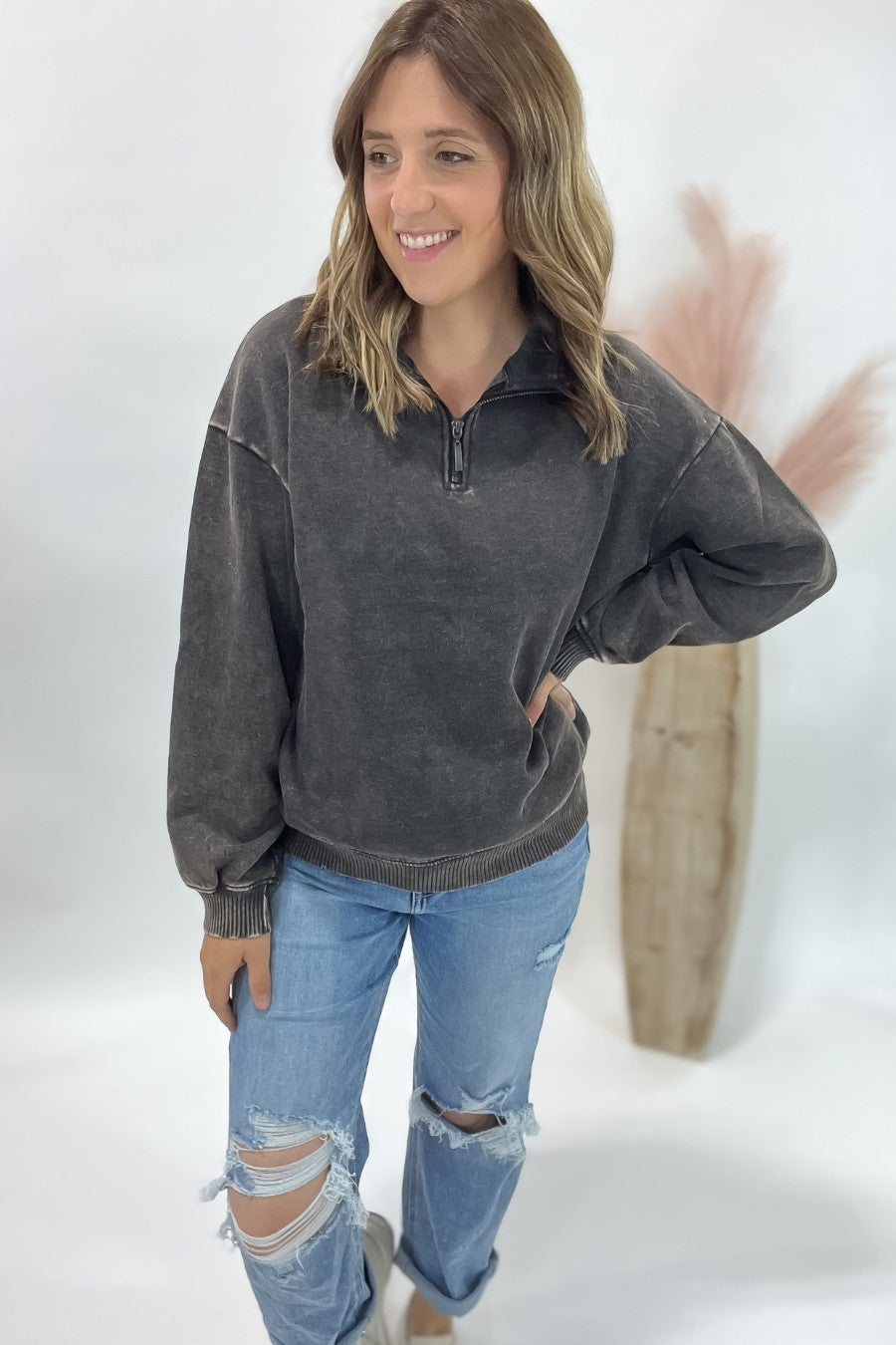 Acid Wash Half Zip Pullover- Heather Black