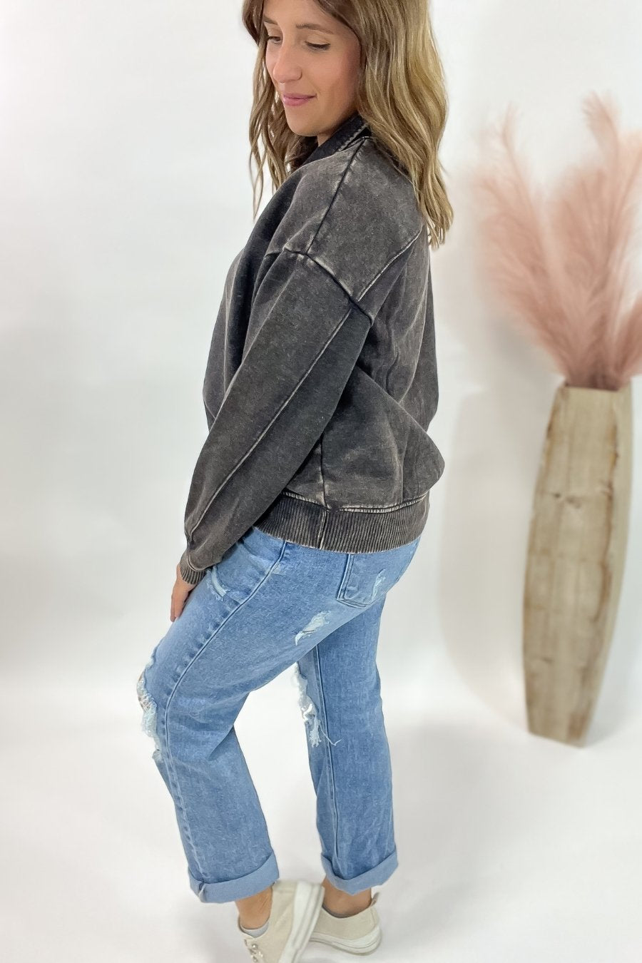 Acid Wash Half Zip Pullover- Heather Black