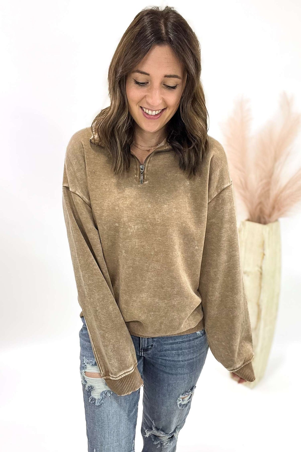 Acid Wash Half Zip Pullover- Camel