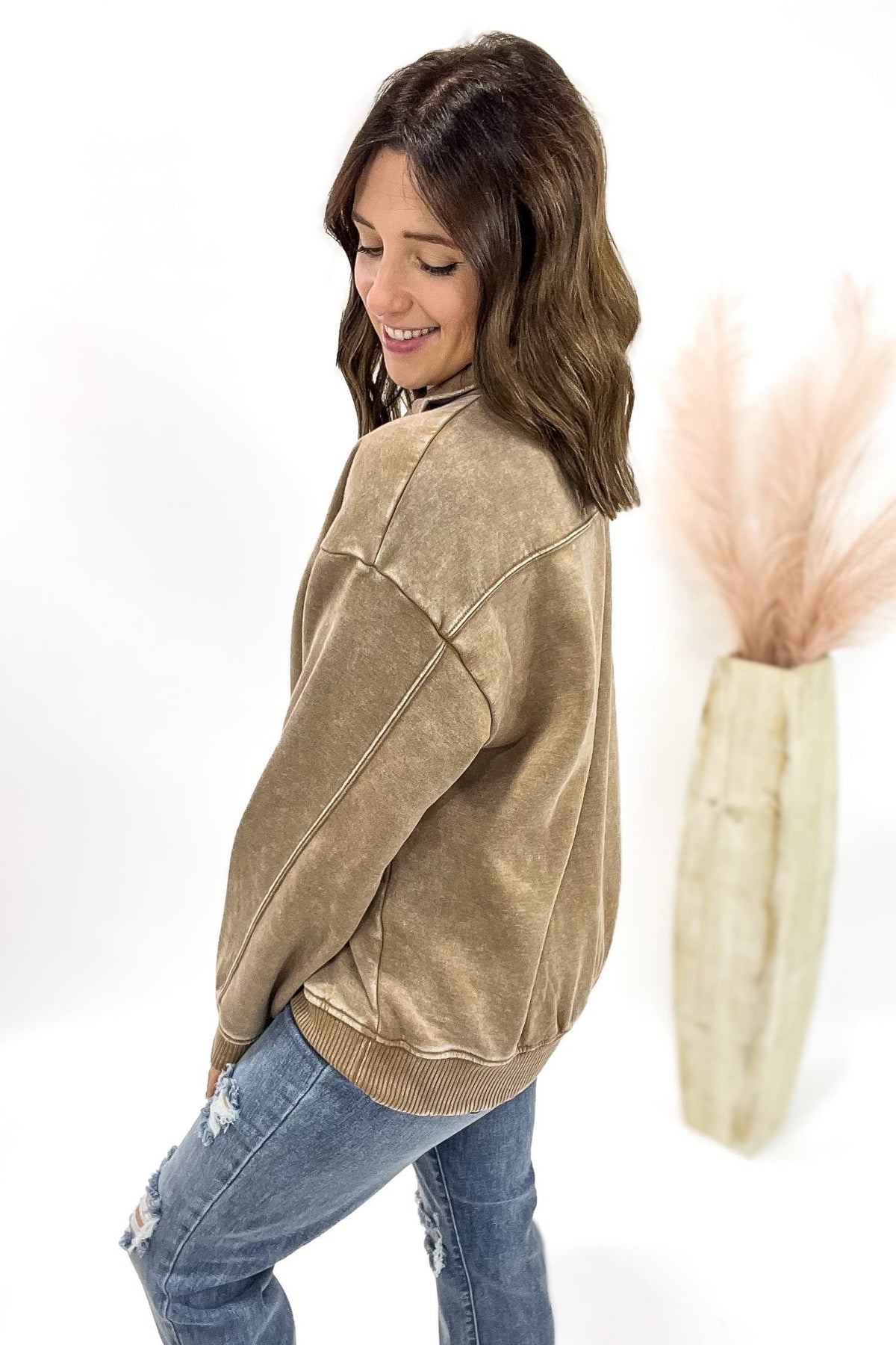 Acid Wash Half Zip Pullover- Camel