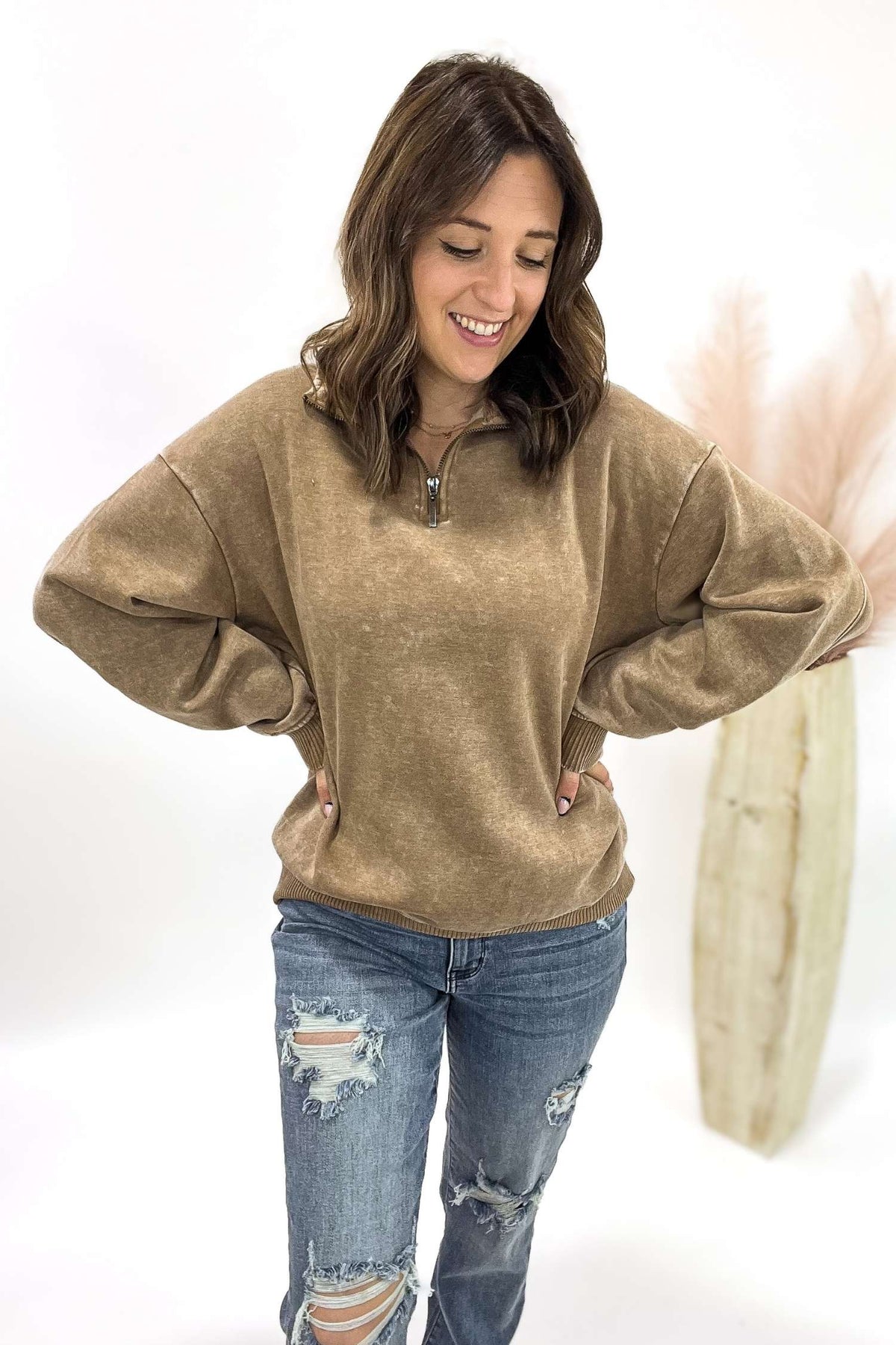 Acid Wash Half Zip Pullover- Camel