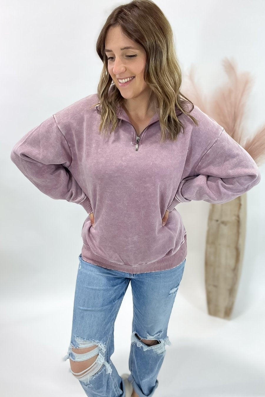 Acid Wash Half Zip Pullover- Mauve